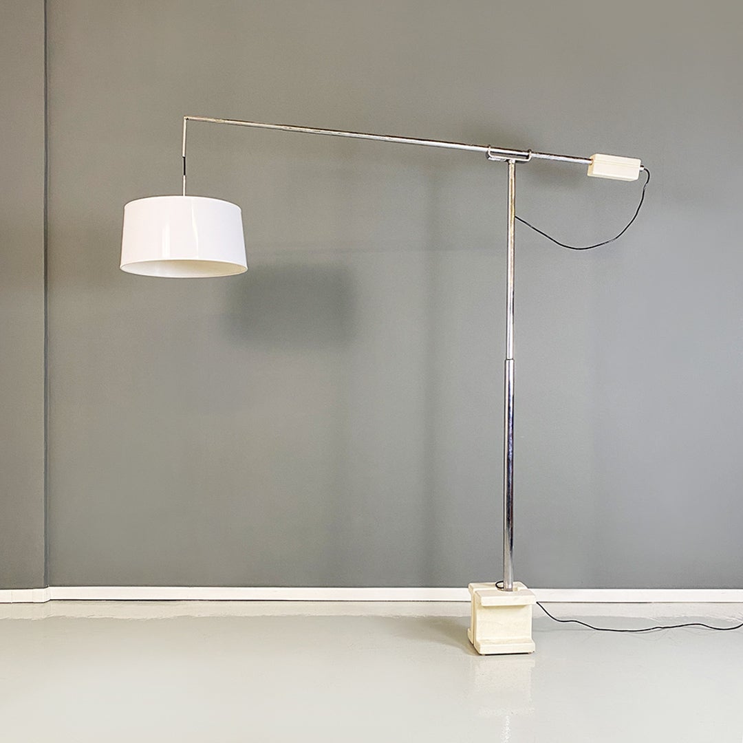 Italian Space Age Marble Base and Steel Structure Telescopic Floor Lamp, 1970s For Sale