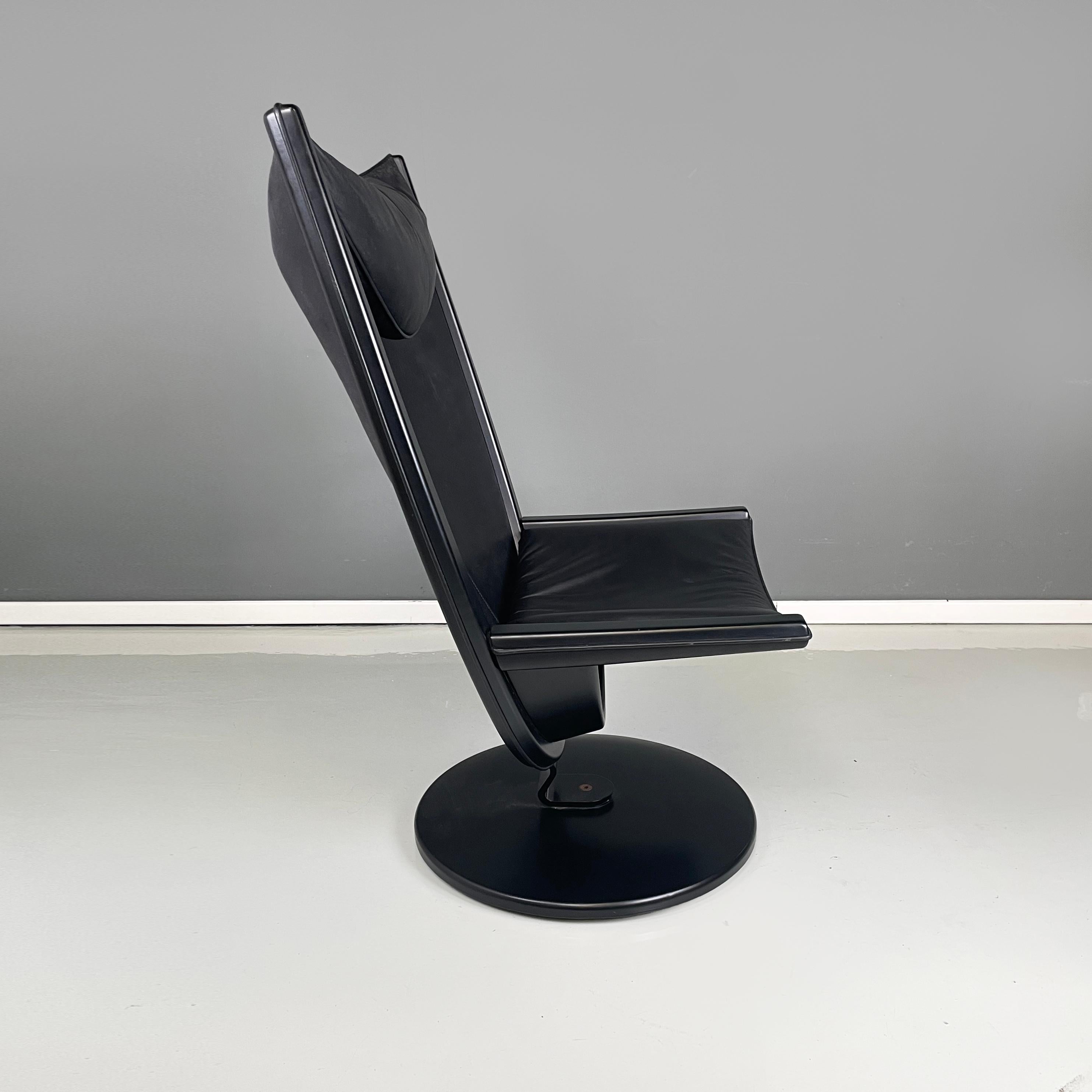 Modern Italian space age modern black leather wood Armchair by Westnofa, 1980s For Sale