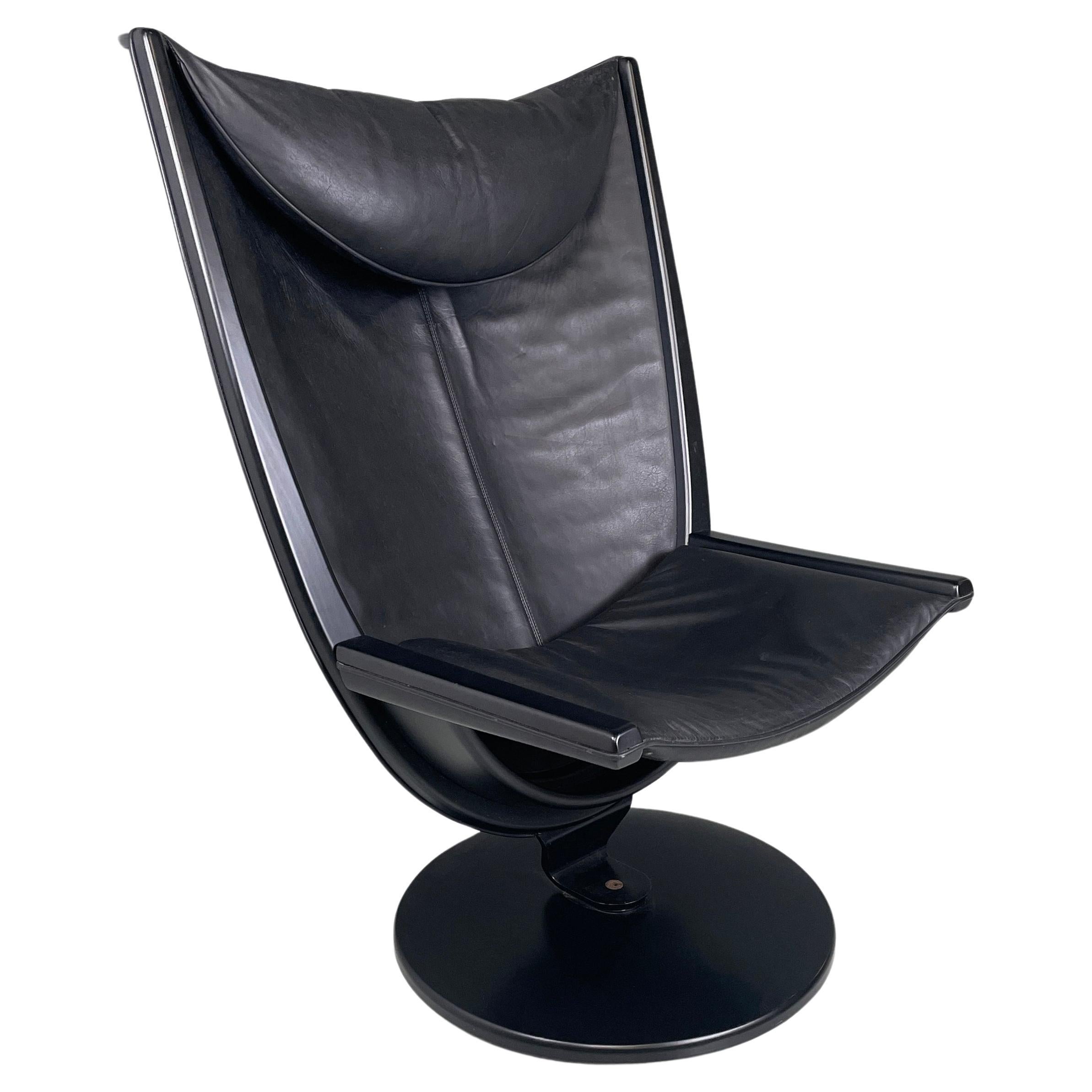 Italian space age modern black leather wood Armchair by Westnofa, 1980s For Sale