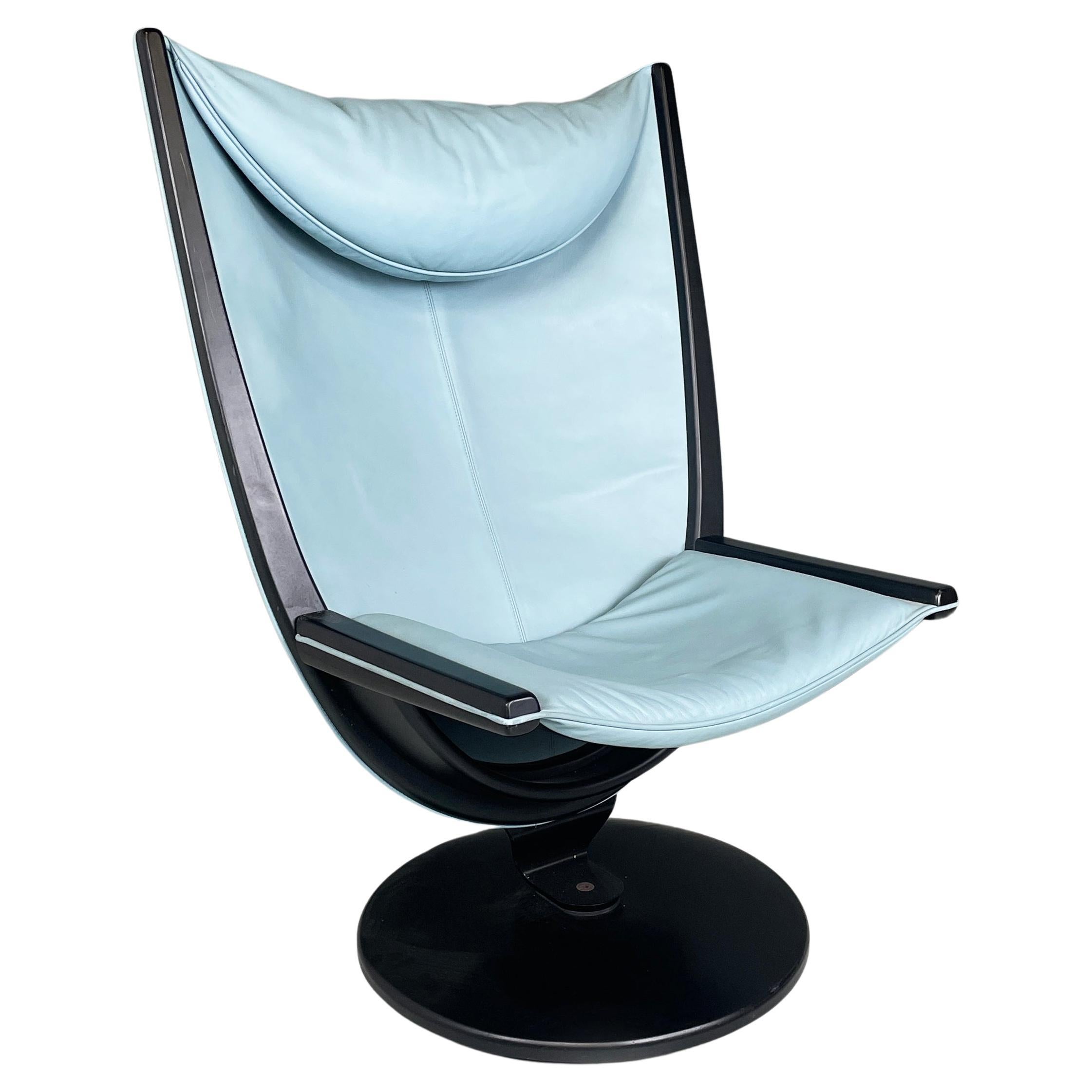 Italian space age modern light blue leather black wood Armchair by Westnofa 1980 For Sale