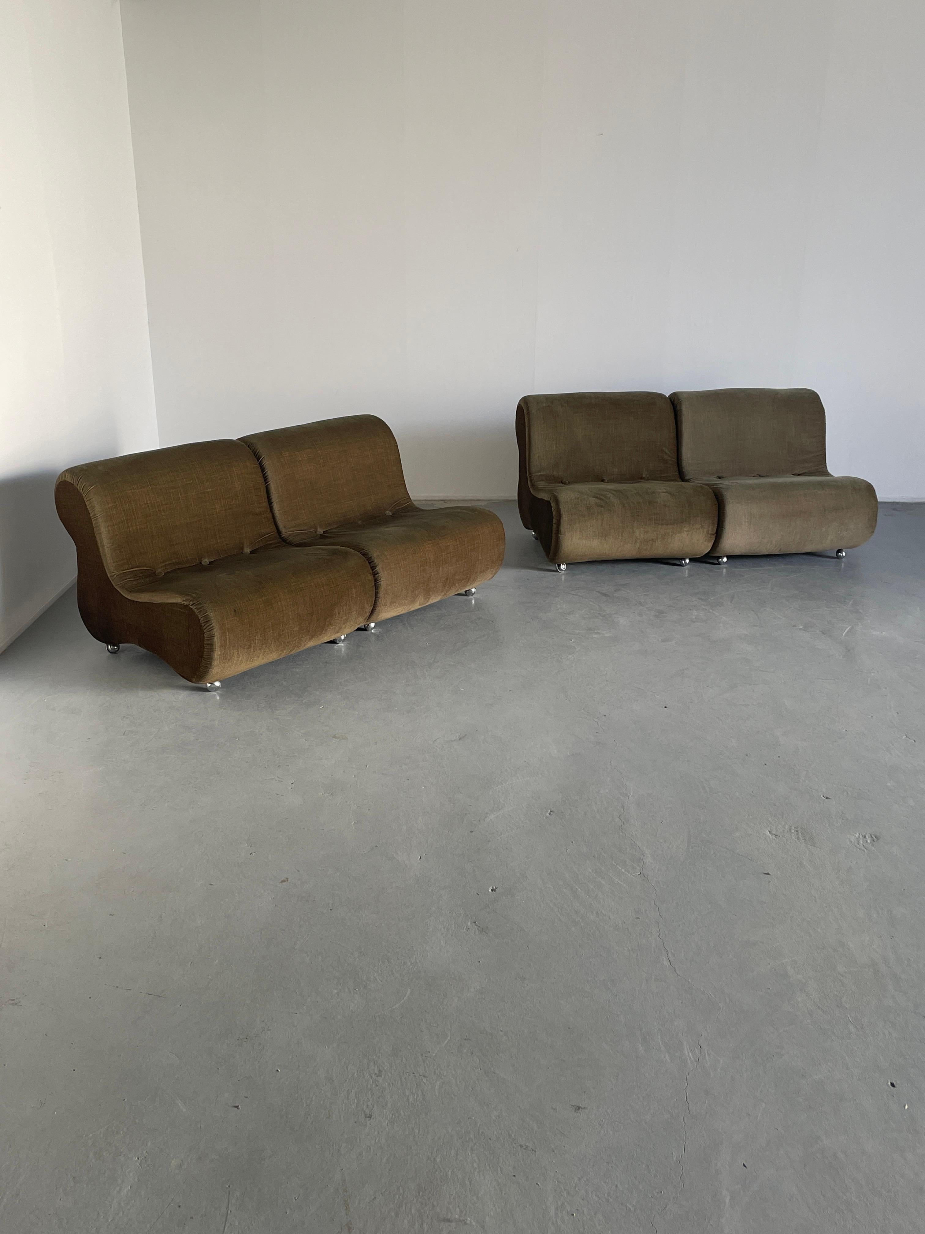 Italian Space Age Modular Seating Set in Striped Brown Fabric, Set of 4, 1970s 1