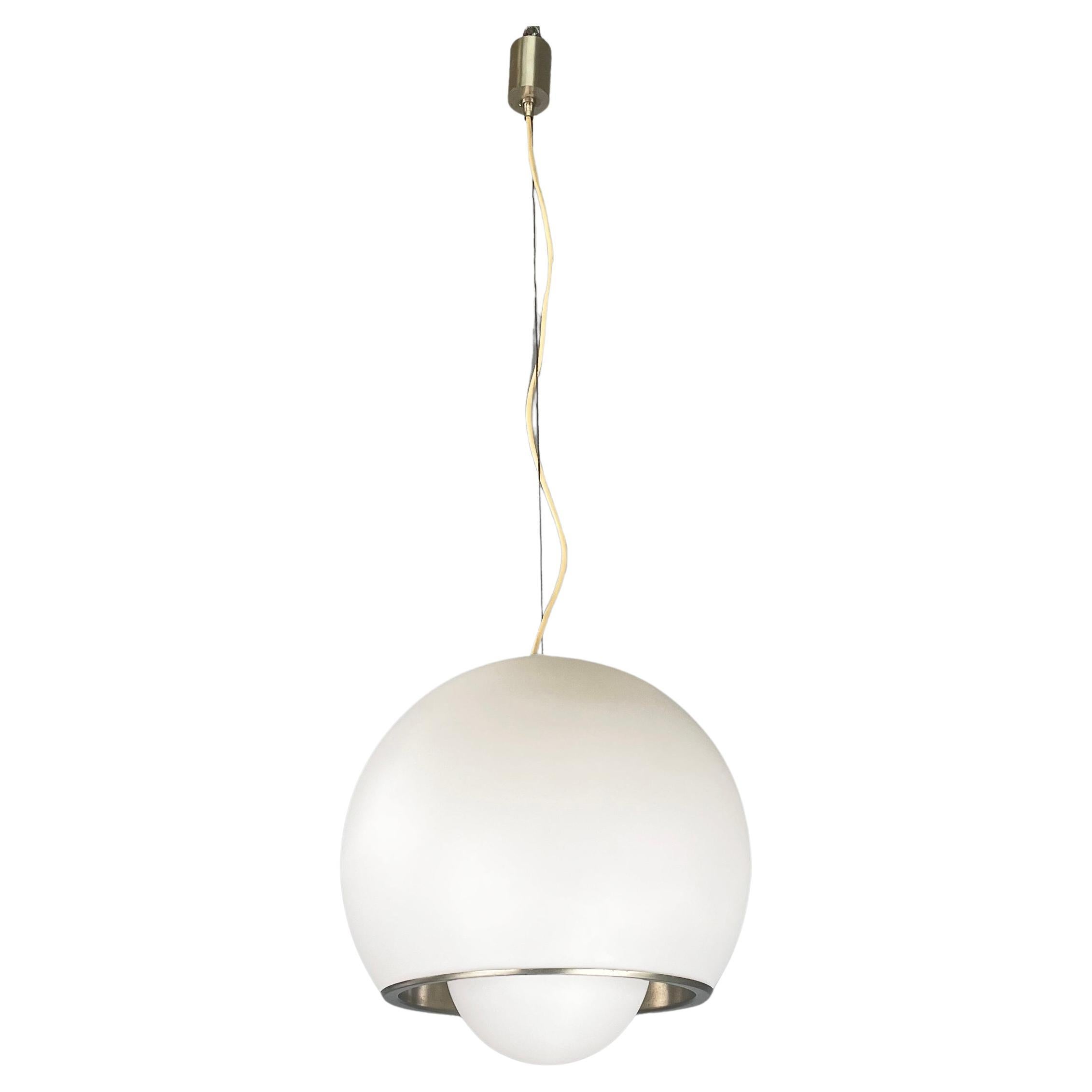 Italian space age Opaline glass steel chandelier by Fontana Arte, 1940s