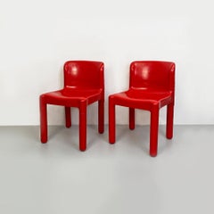 Italian Space Age Pair of Red Plastic Chairs by Carlo Bartoli for Kartell, 1970s