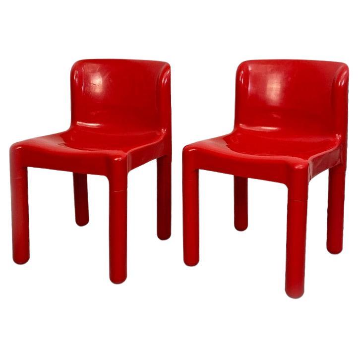 Italian Space Age Pair of Red Plastic Chairs by Carlo Bartoli for Kartell, 1970s