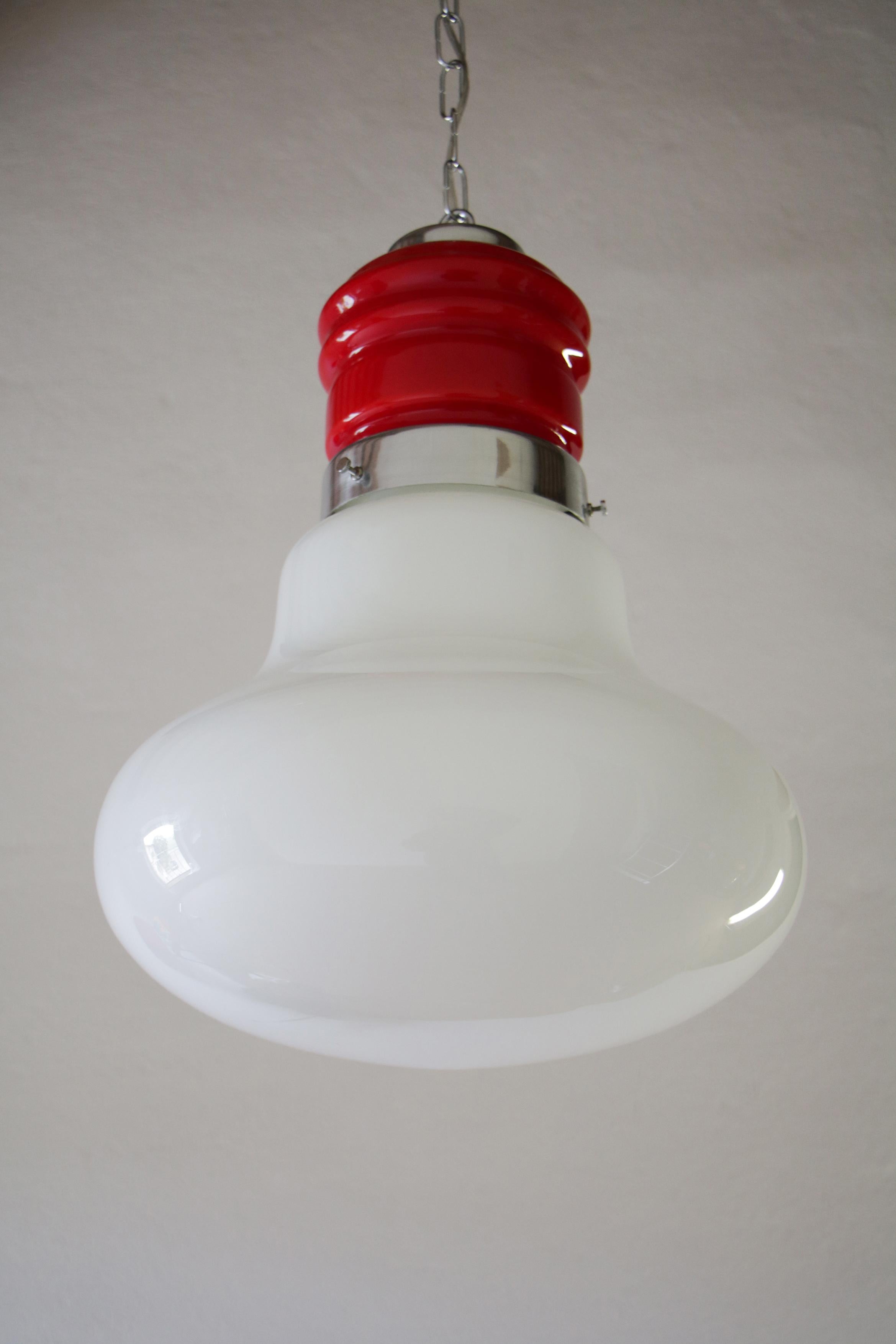 Late 20th Century Italian Space Age Pendant Ceiling Lamp Red Color Murano Glass by Mazzega, 1970s For Sale