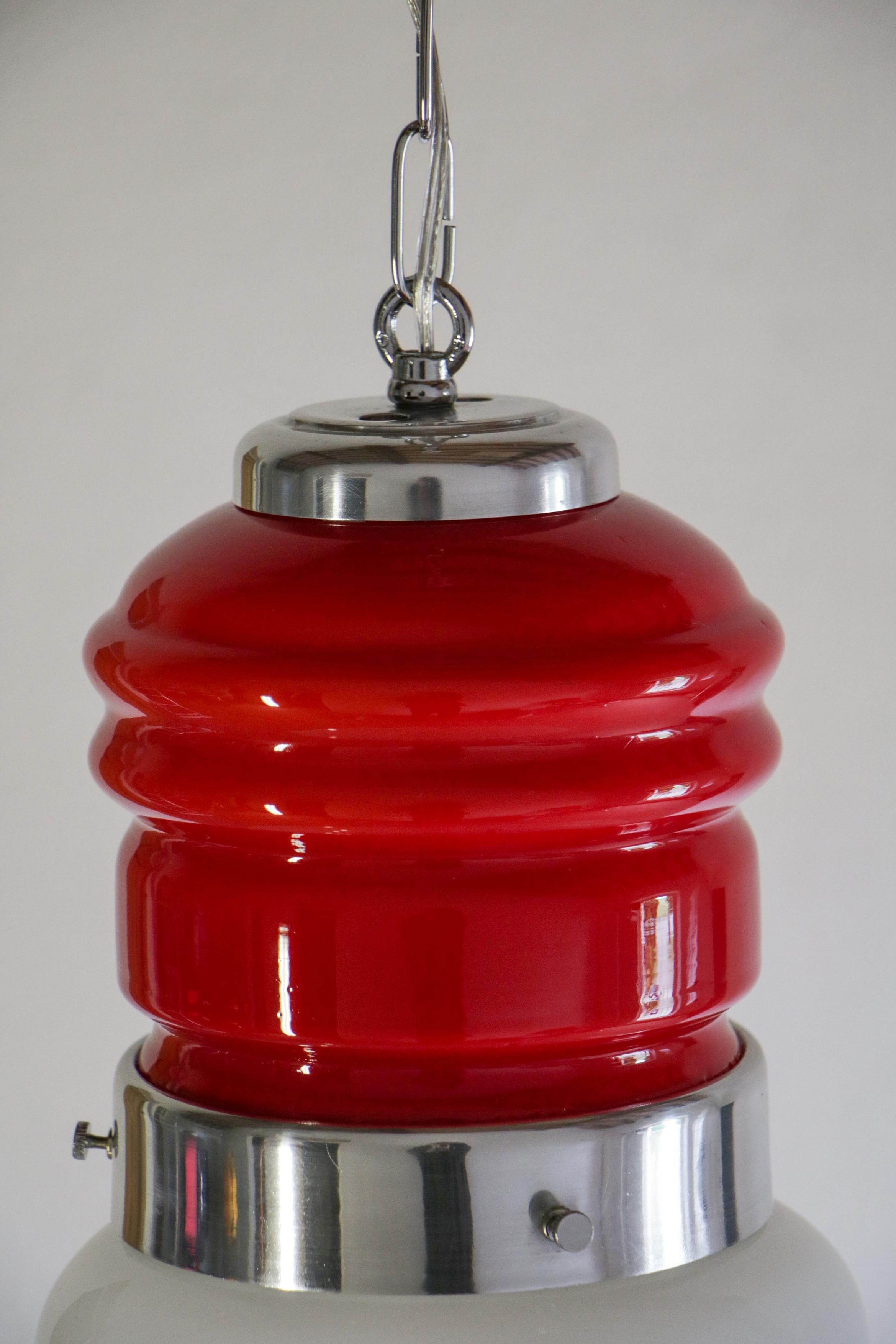 Aluminum Italian Space Age Pendant Ceiling Lamp Red Color Murano Glass by Mazzega, 1970s For Sale