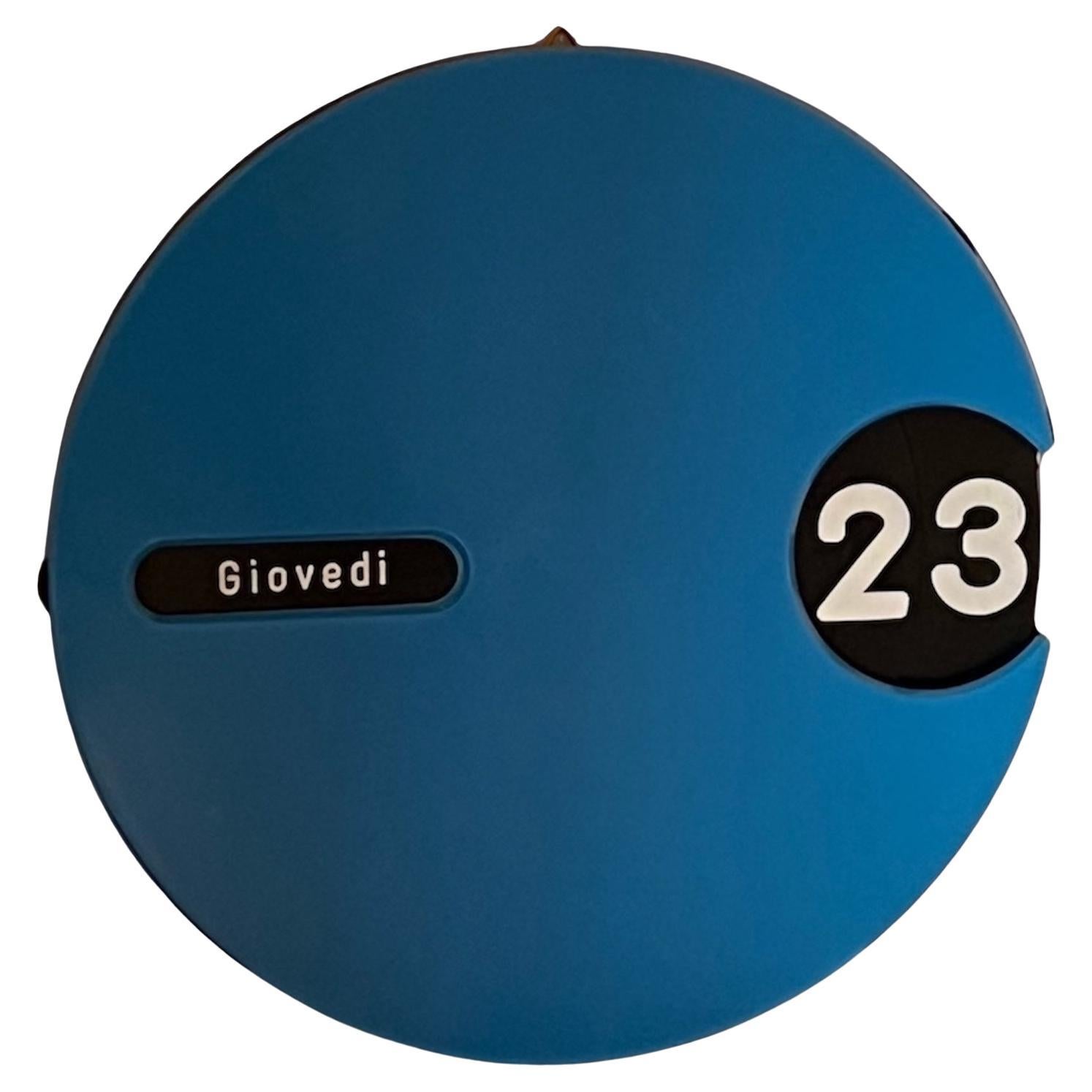 Capture the essence of 70s design with this rare Space Age calendar made in Italy. Crafted with a sleek round shape and finished in a glossy blue, this calendar is more than just a functional timekeeper—it’s a statement piece that embodies the