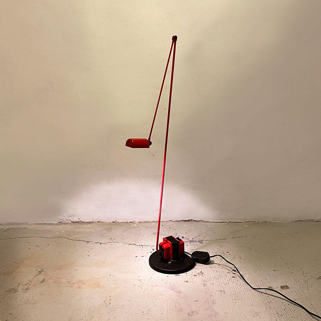 Italian Space Age Red Enamelled Metal Rod and Cast Iron Floor Lamp, Lumina 1980s 2