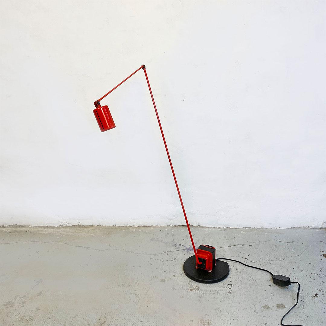 Italian Space Age Red Enamelled Metal Rod and Cast Iron Floor Lamp, Lumina 1980s 3