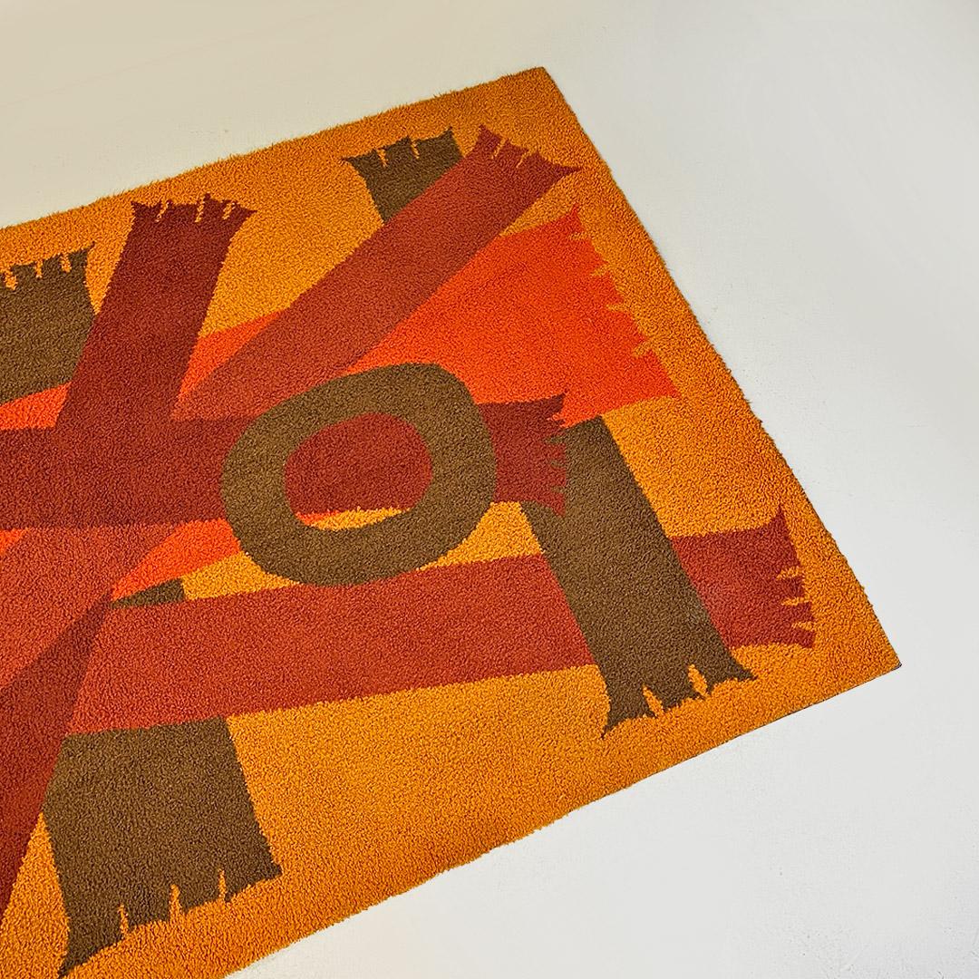 Fabric Italian Space Age Red Orange Brown Short Pile Rug with Geometric Pattern, 1970s For Sale