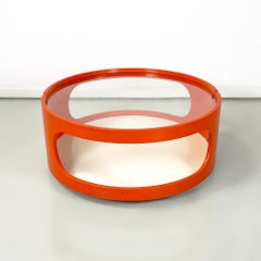 Italian space age round Coffe table cart in glass, white and orange wood, 1970s