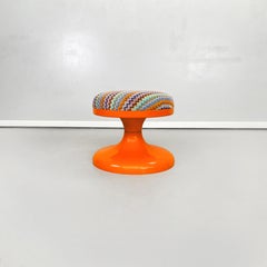 Italian Space Age Round Stool in Orange Plastic and Fabric, 1970s