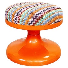 Italian Space Age Round Stool in Orange Plastic and Fabric, 1970s