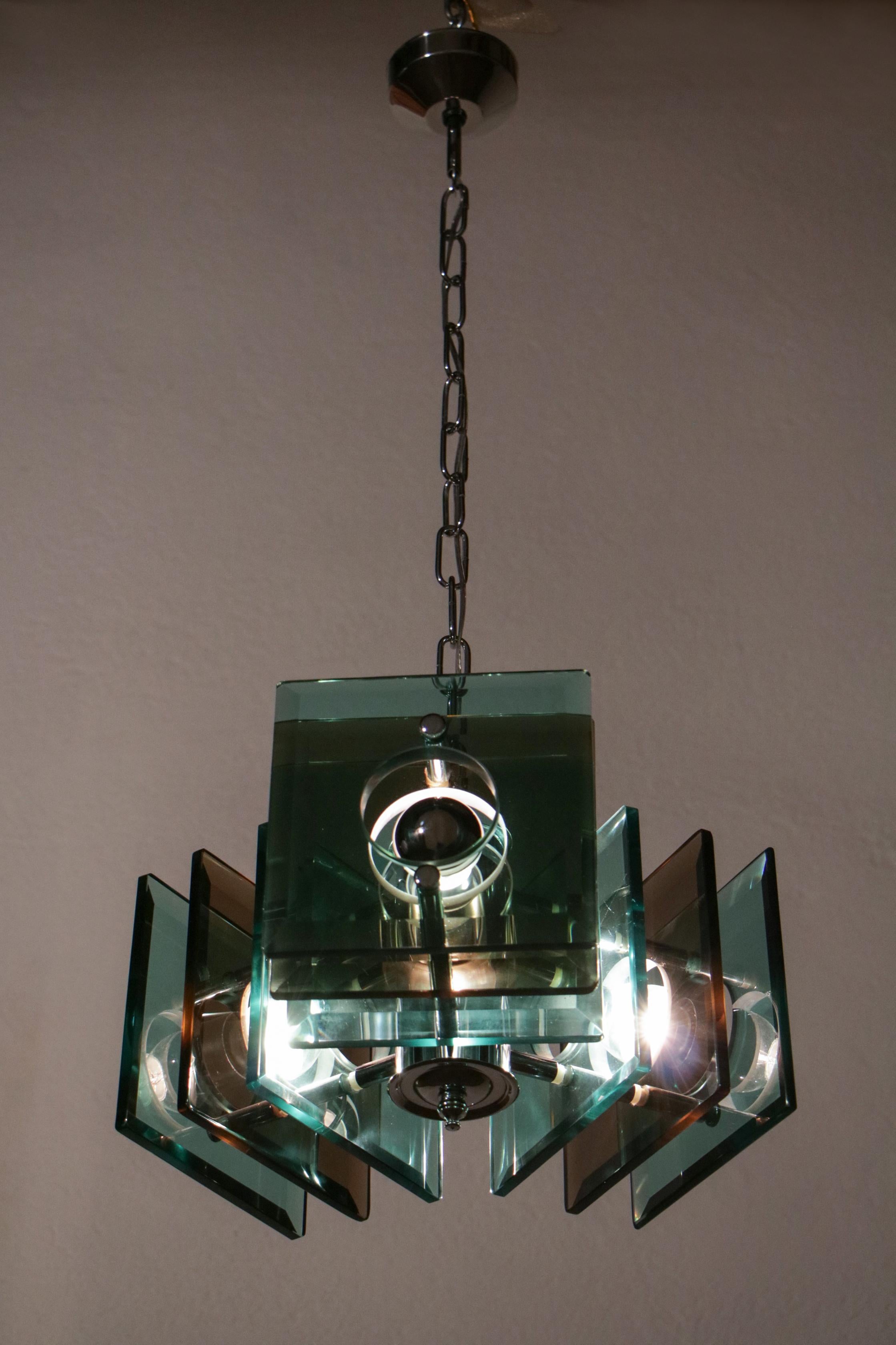Italian Space Age Square Green Color Chandelier by Lupi Cristal Luxor, 1950s For Sale 8