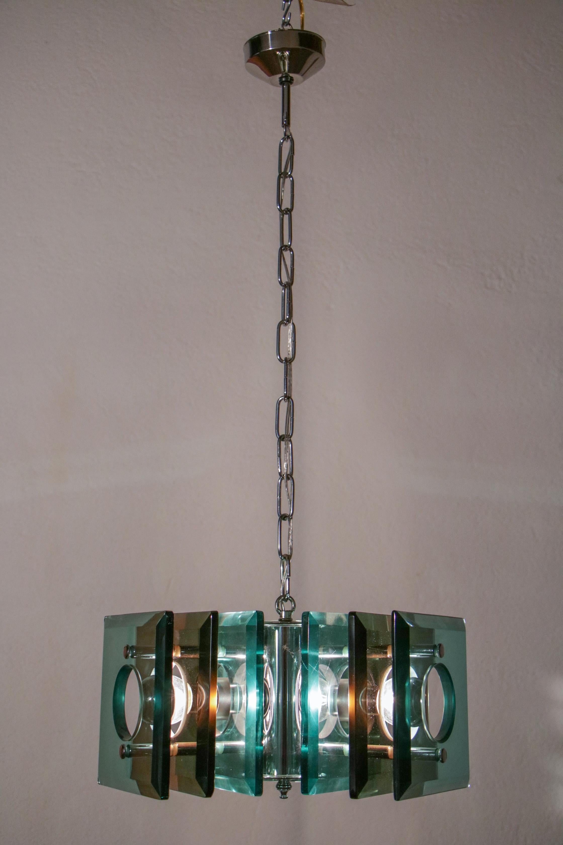 Italian Space Age Square Green Color Chandelier by Lupi Cristal Luxor, 1950s For Sale 8