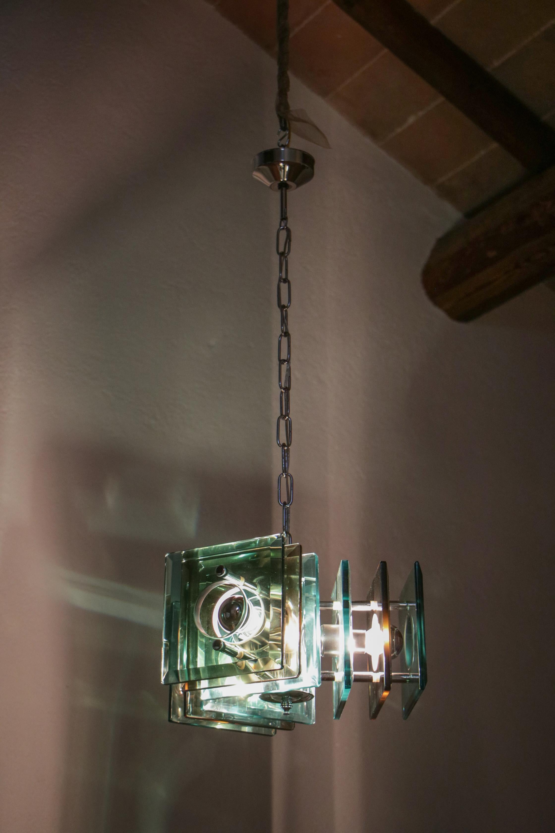 Italian Space Age Square Green Color Chandelier by Lupi Cristal Luxor, 1950s For Sale 12