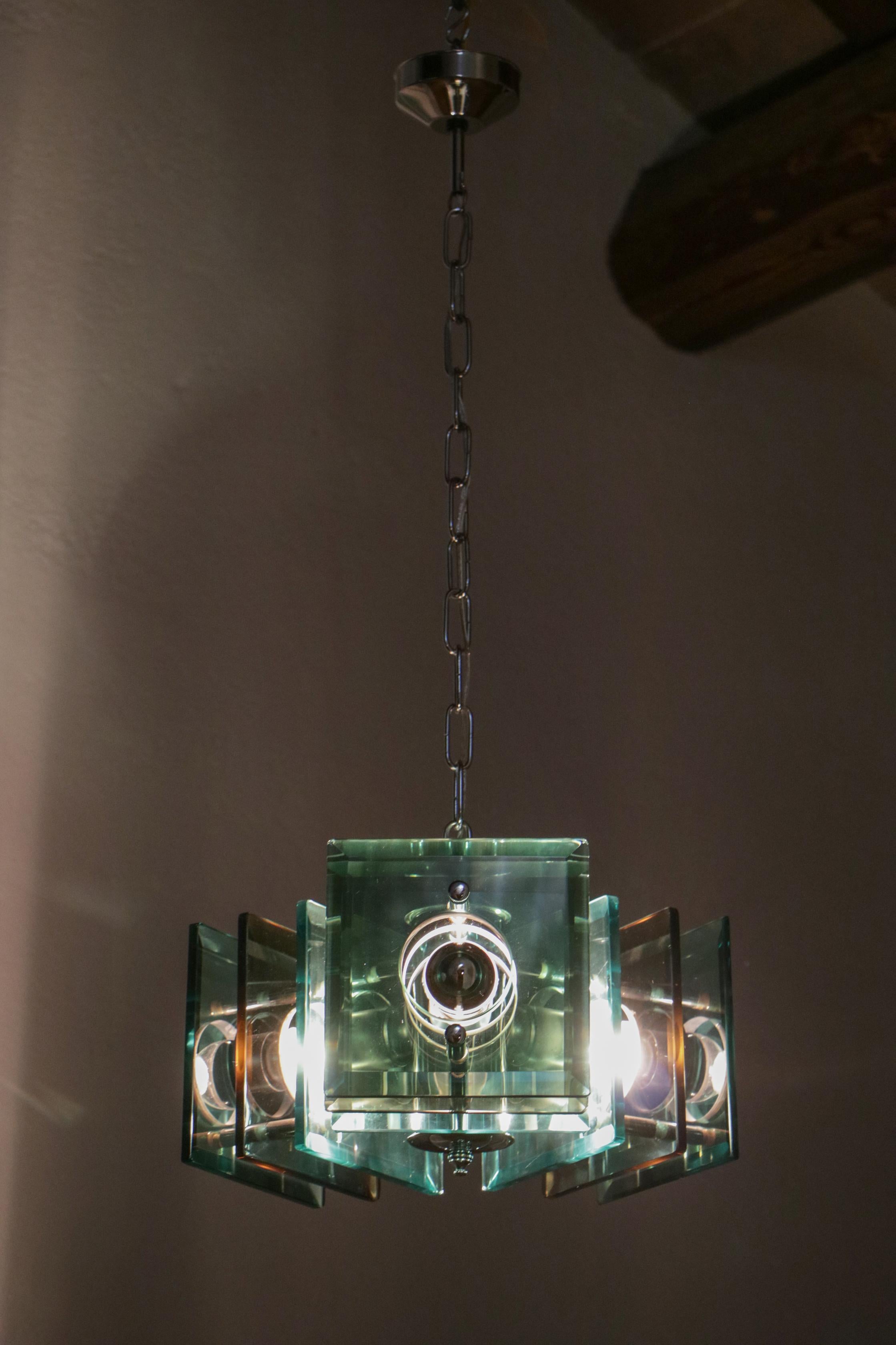 Italian Space Age Square Green Color Chandelier by Lupi Cristal Luxor, 1950s For Sale 12