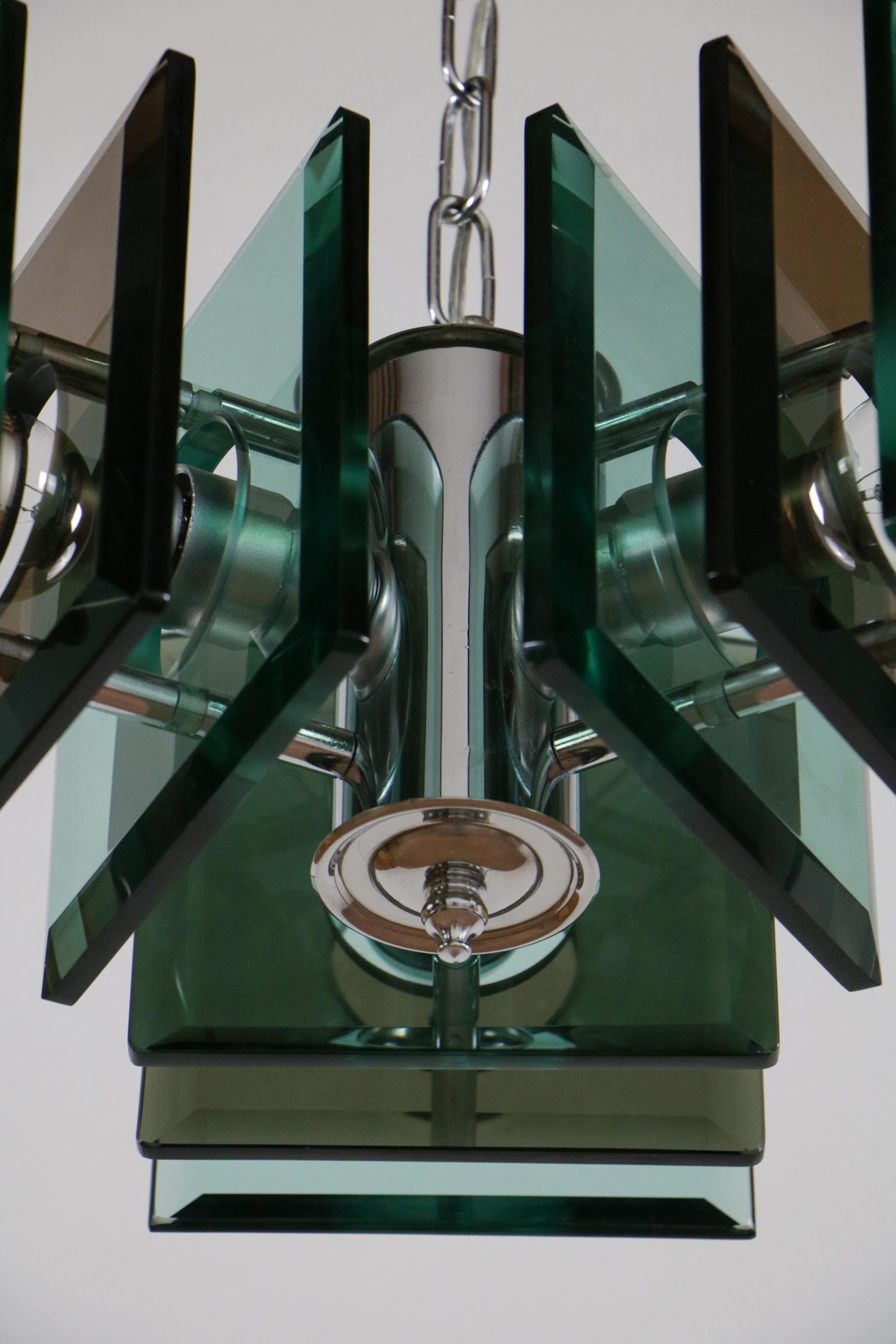 Brass Italian Space Age Square Green Color Chandelier by Lupi Cristal Luxor, 1950s For Sale