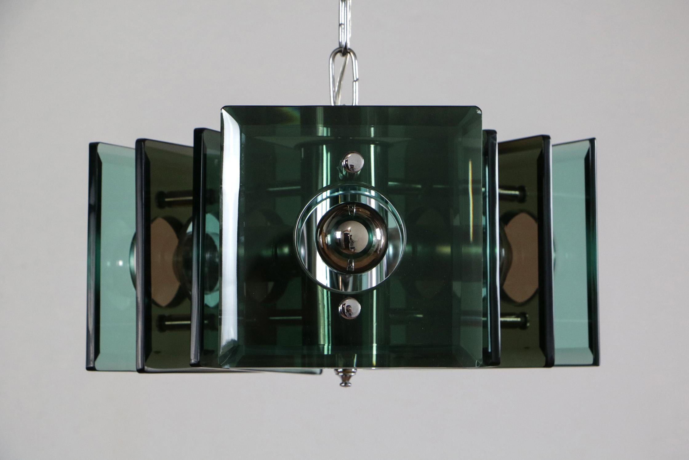 Italian Space Age Square Green Color Chandelier by Lupi Cristal Luxor, 1950s For Sale 1