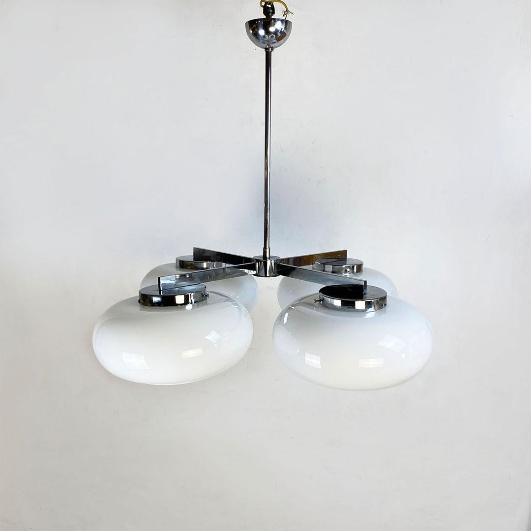 Late 20th Century Italian Space Age Steel and Glossy Opaline Glass Four-Light Chandelier, 1970s