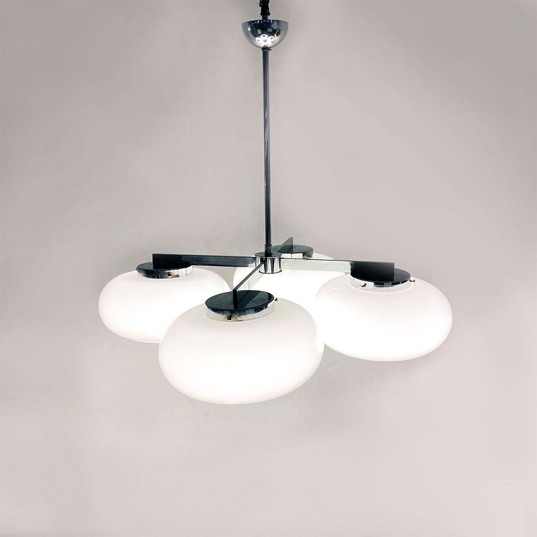 Italian Space Age Steel and Glossy Opaline Glass Four-Light Chandelier, 1970s 2