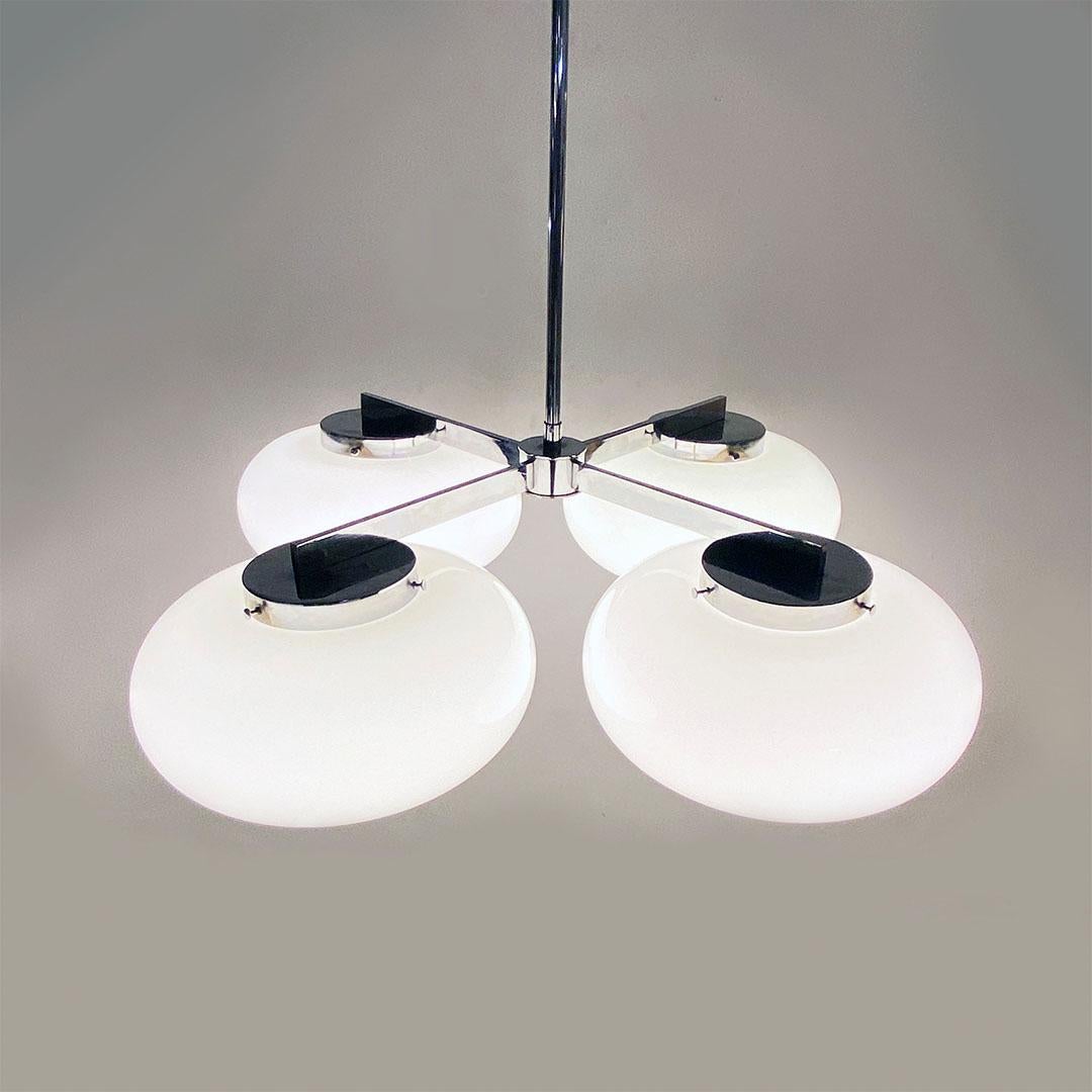 Italian Space Age Steel and Glossy Opaline Glass Four-Light Chandelier, 1970s 3