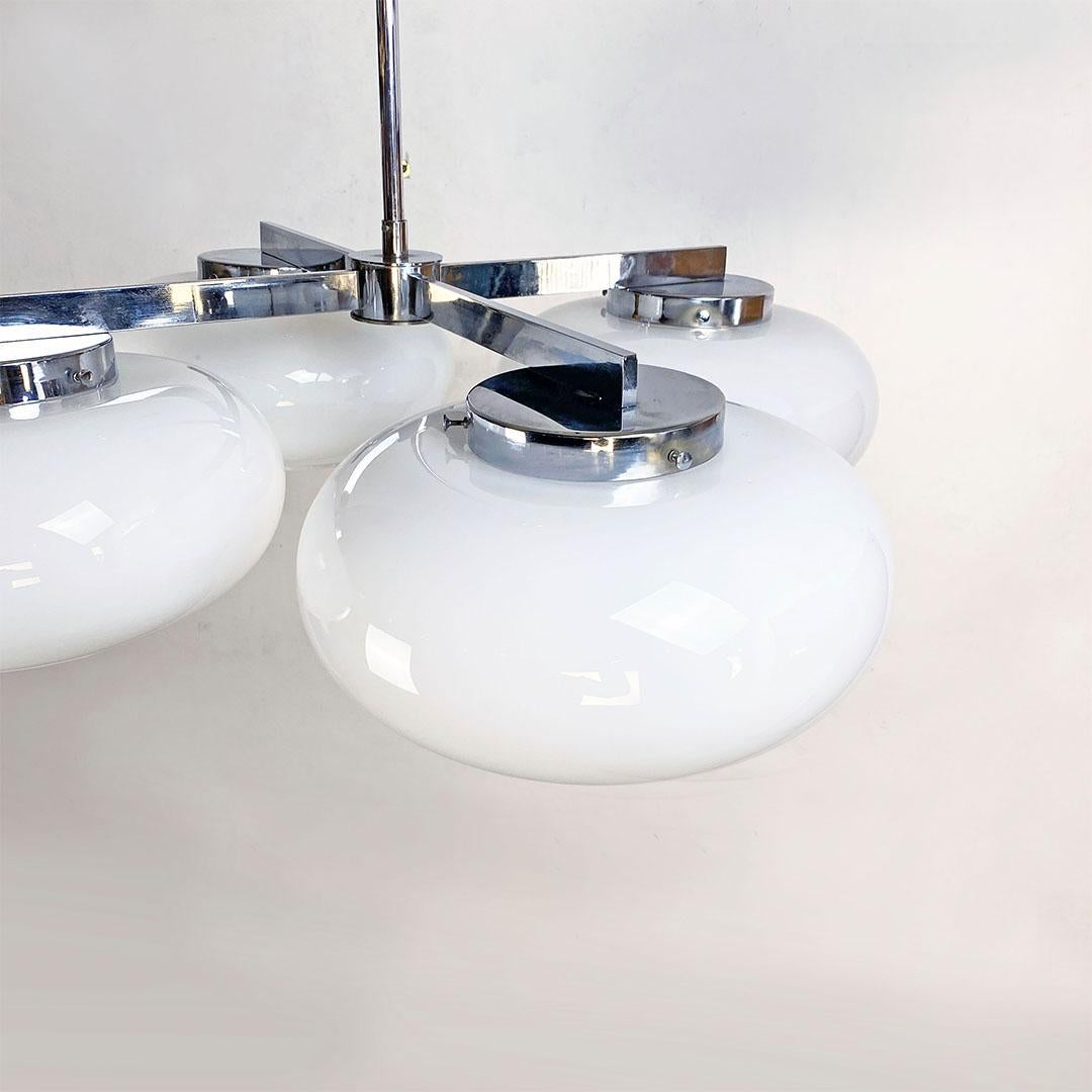 Italian Space Age Steel and Glossy Opaline Glass Four-Light Chandelier, 1970s 5