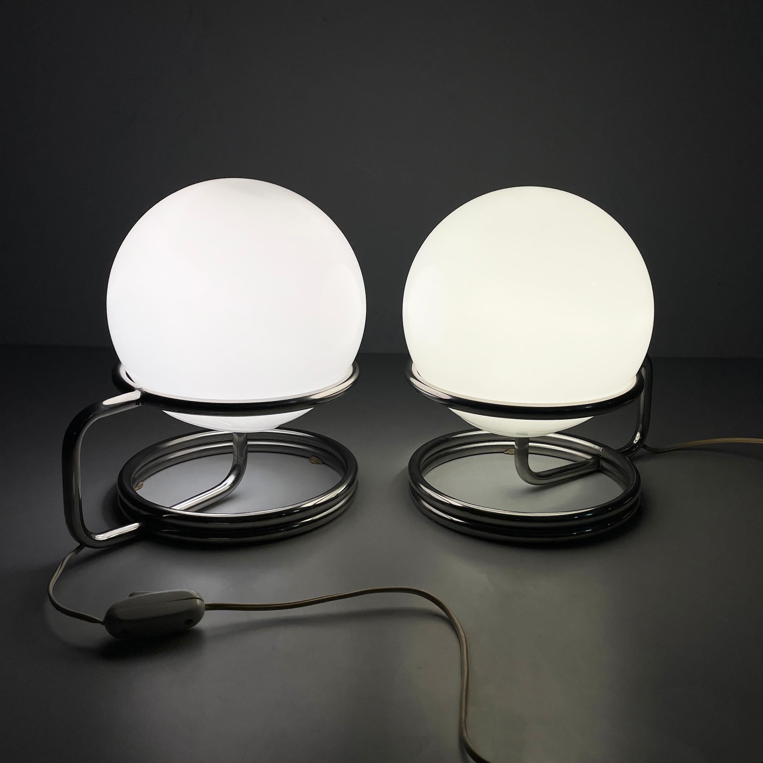 Space Age Italian space age table lamps in opaline glass and steel, 1970s For Sale