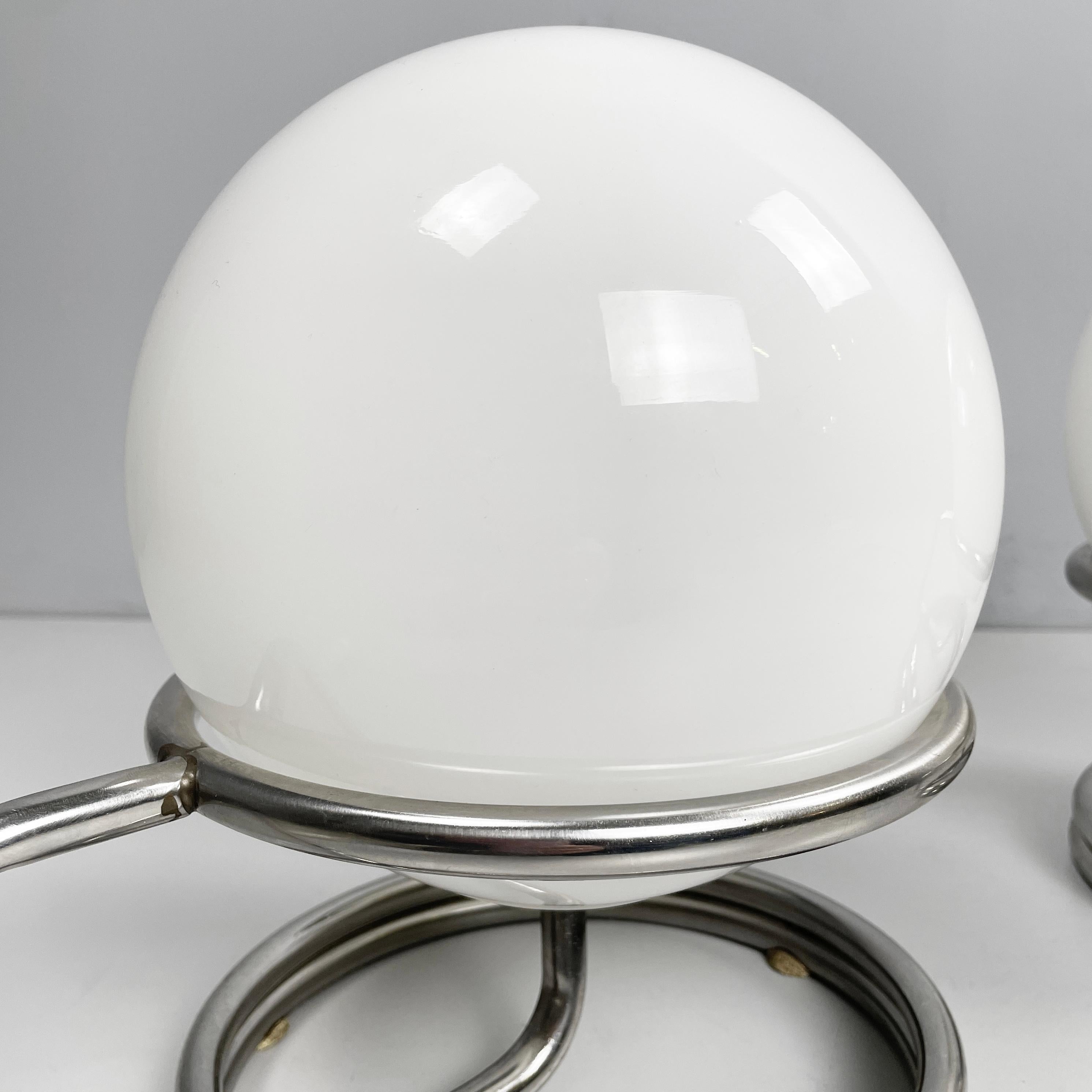 Late 20th Century Italian space age table lamps in opaline glass and steel, 1970s For Sale