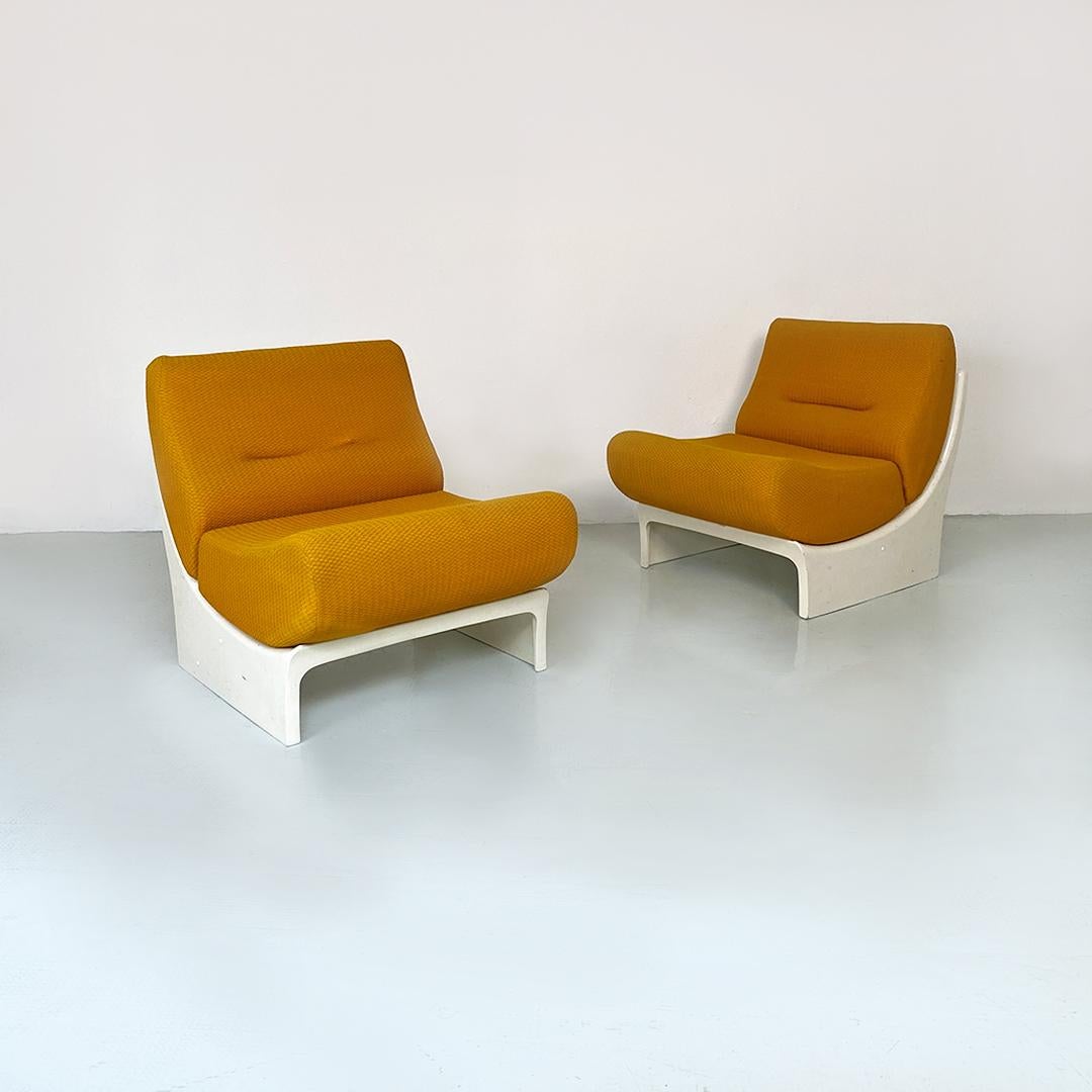 Space Age Italian space age white abs and mustard yellow fabric pair of armchairs, 1970s
