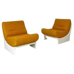 Retro Italian space age white abs and mustard yellow fabric pair of armchairs, 1970s