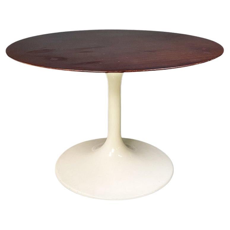 Italian Space Age White Cream Plastic and Wood Round Dining Table, 1970s For Sale