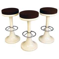Italian Space Age White Plastic, Brown Fabric and Chromed Steel High Stools 1970