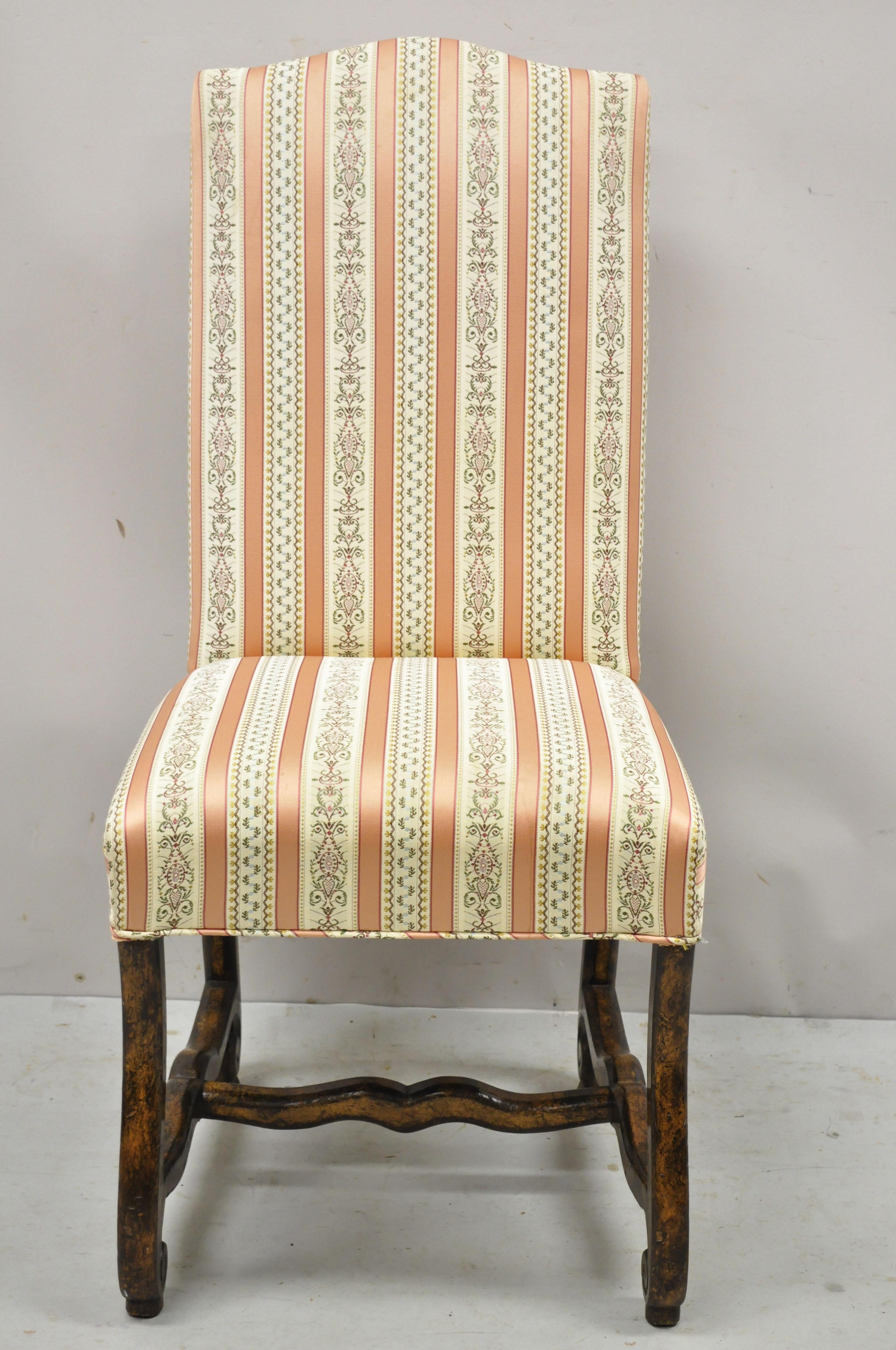 Vintage Italian Spanish Baroque style upholstered back distressed dining chairs - set of 6. Set includes (6) side chairs, pink and gold upholstery, solid wood construction, distressed finish, very nice vintage set, great style and form. Circa late
