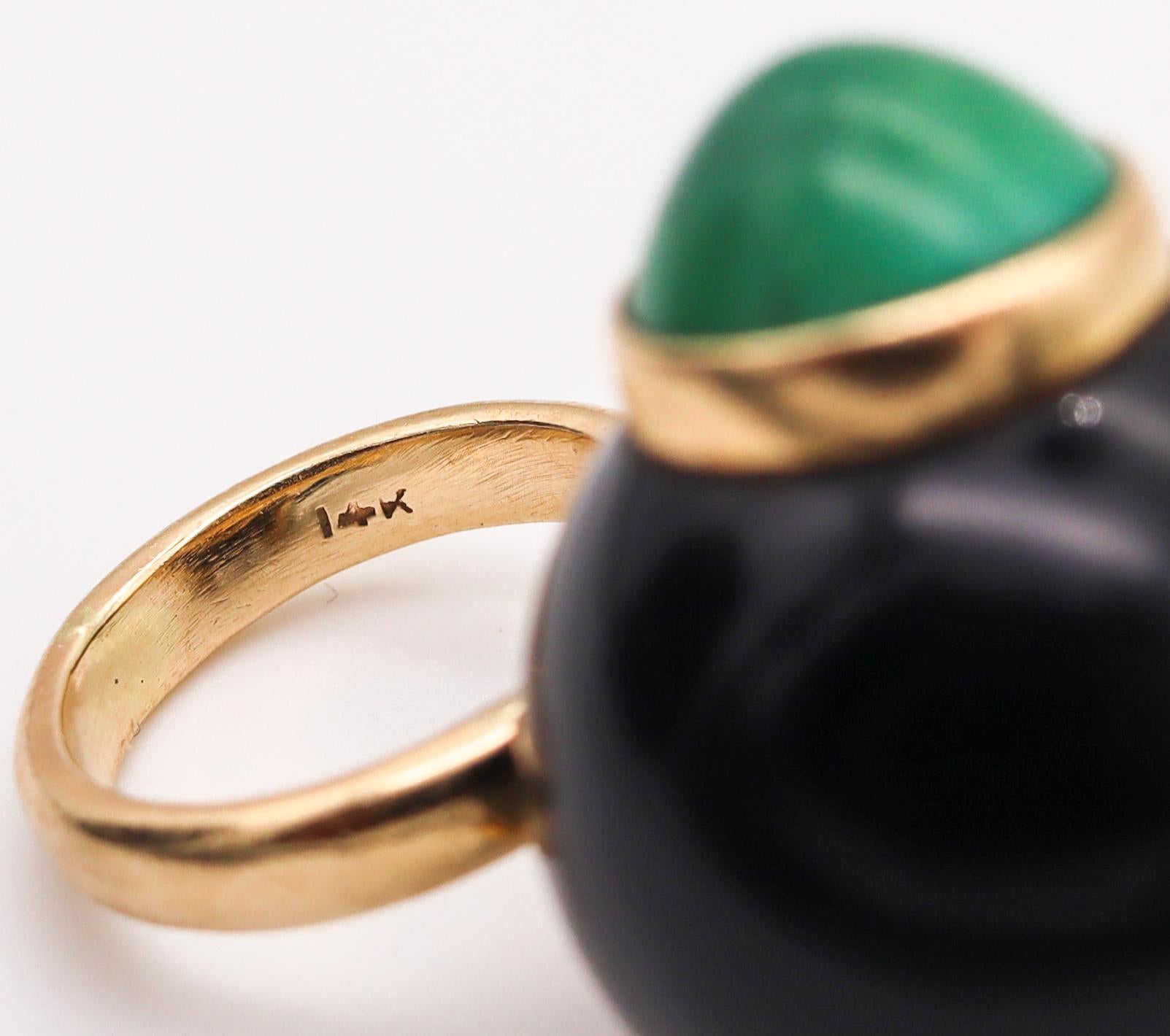 Women's or Men's Italian Spatialism 1970 Retro Sculptural Ring 14Kt Gold with Onyx and Turquoise For Sale