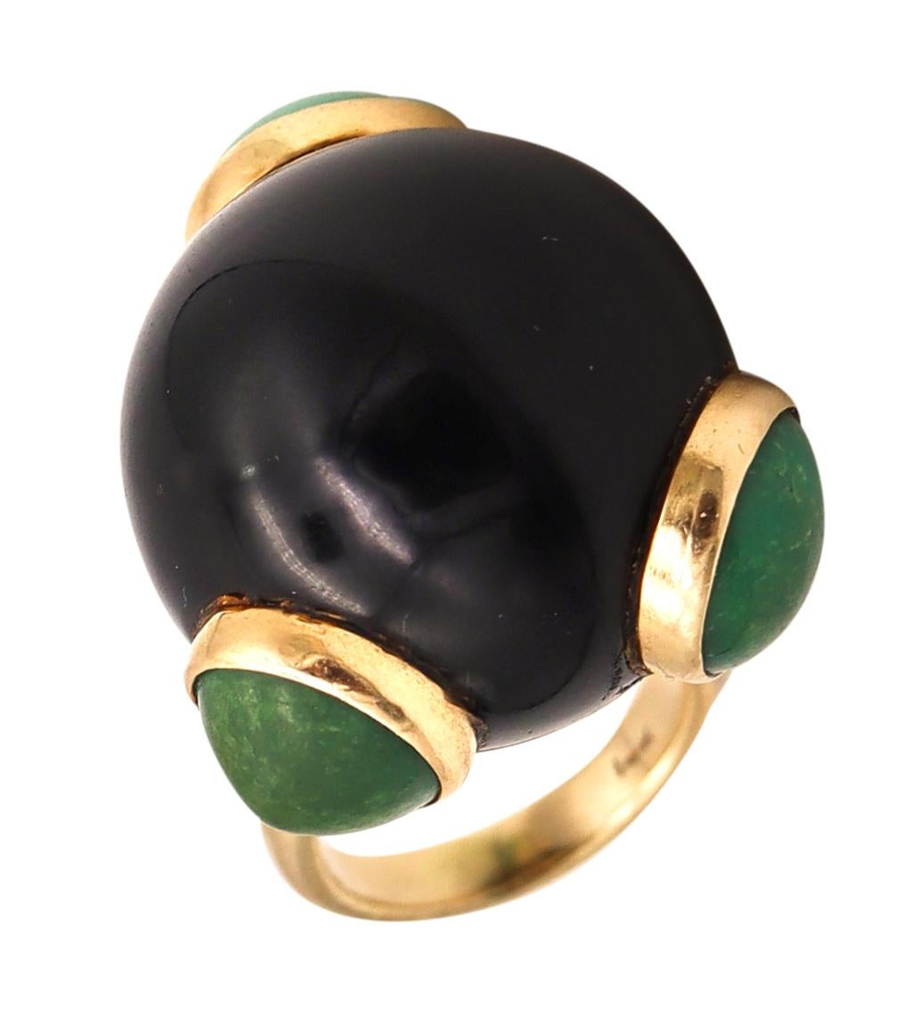 Italian Spatialism 1970 Retro Sculptural Ring 14Kt Gold with Onyx and Turquoise For Sale