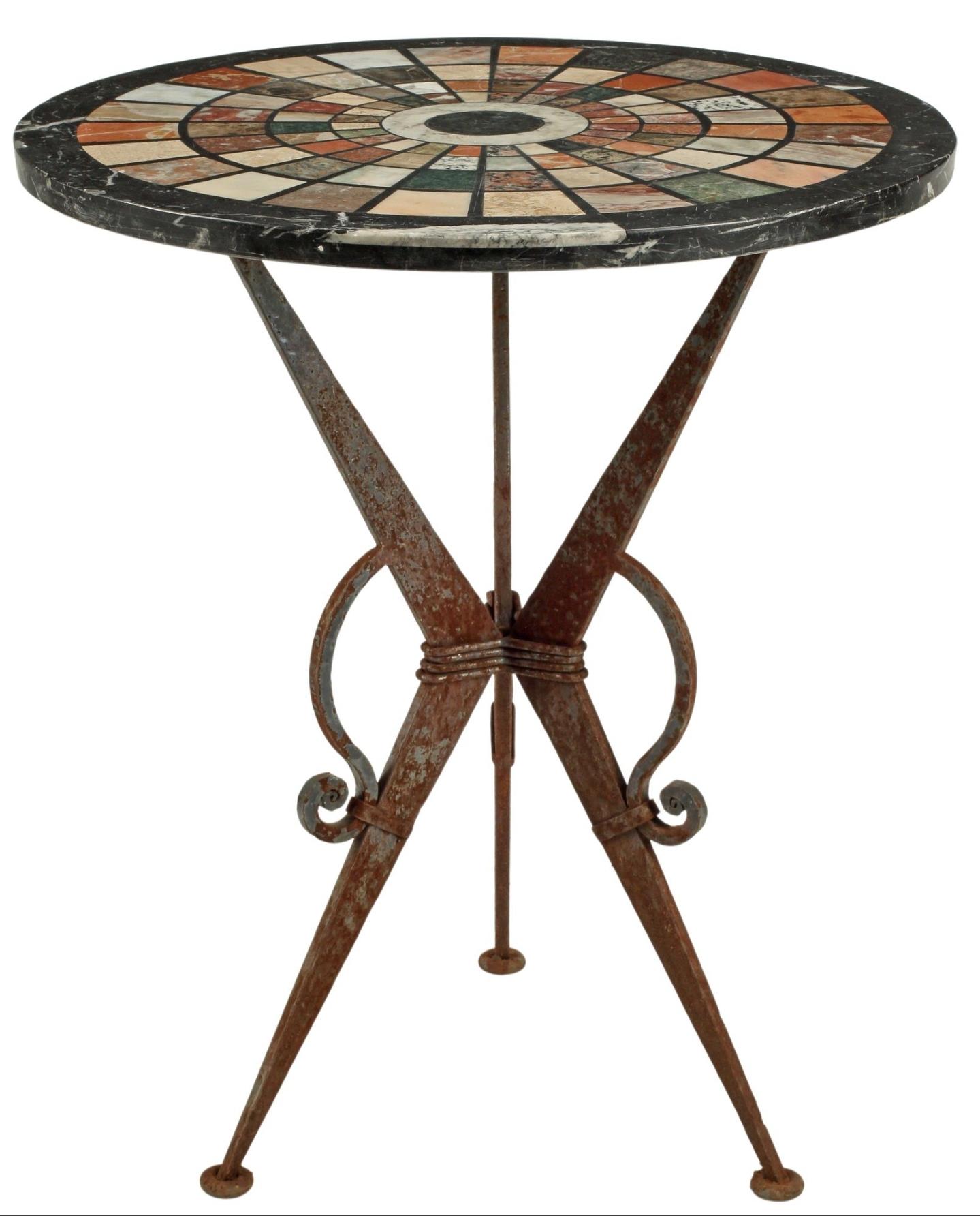 Grand Tour Italian Specimen Marble Top Wrought Iron Round Table For Sale