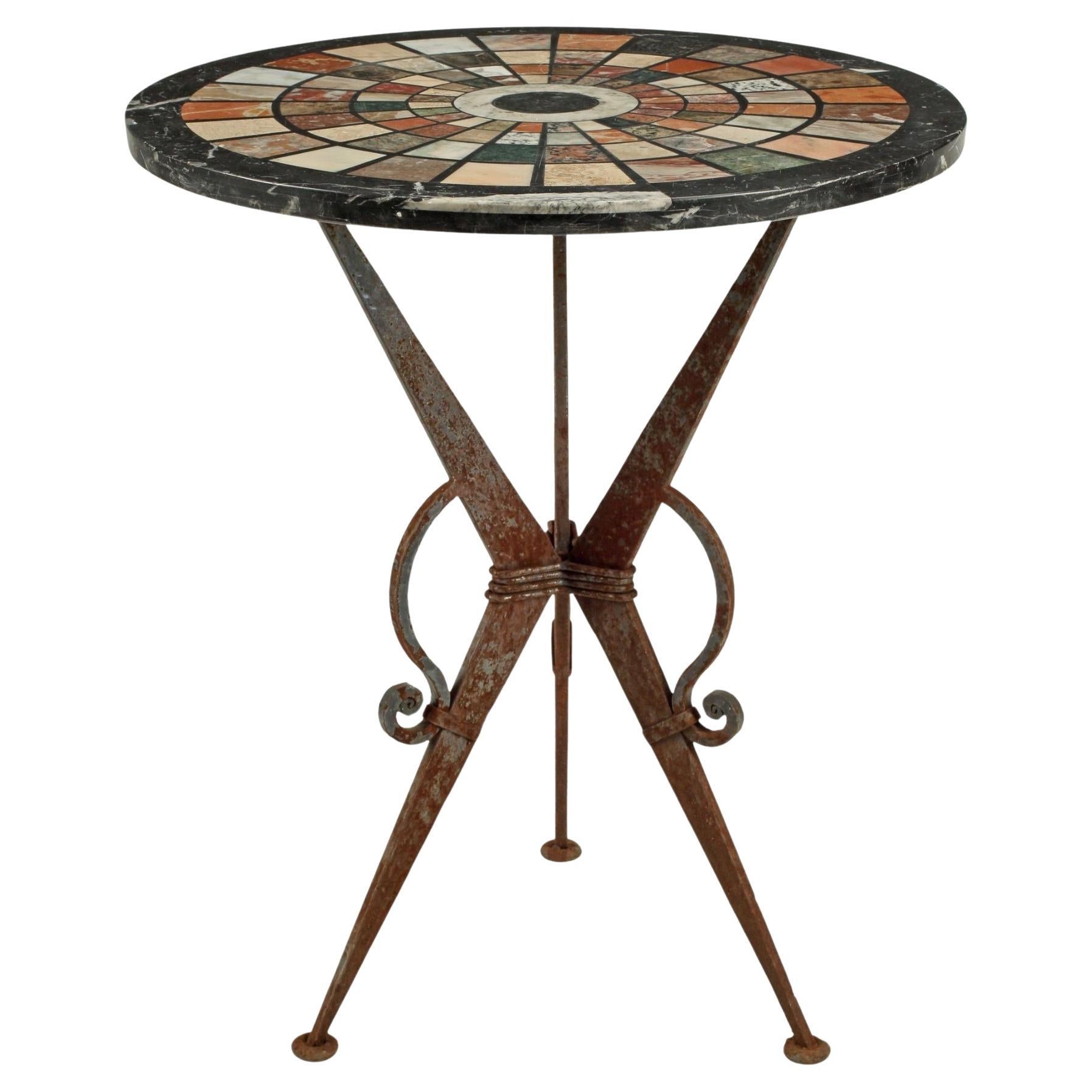 Italian Specimen Marble Top Wrought Iron Round Table For Sale
