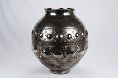 Vase sphérique italien en céramique, couleur argentée, éclat platine, décor sculptural et décoratif
