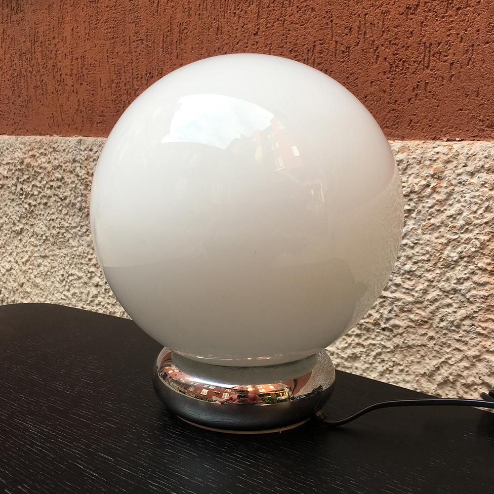 Modern Italian Spherical Glossy, Opal Glass and Chromed Steel Table Lamp, 1970s