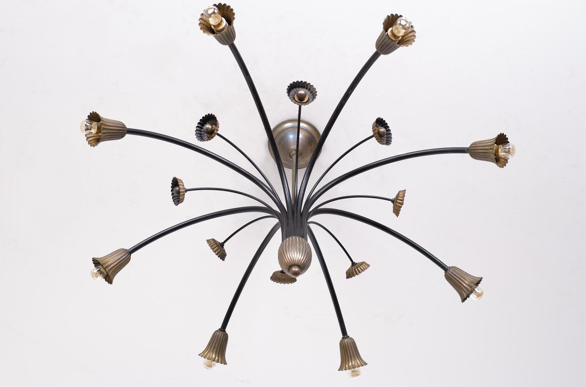 Love this spider chandelier, so typical Italian fifties, 8 arms with light 
7 Rosebud arms, Good working condition. Small sockets bulb included.