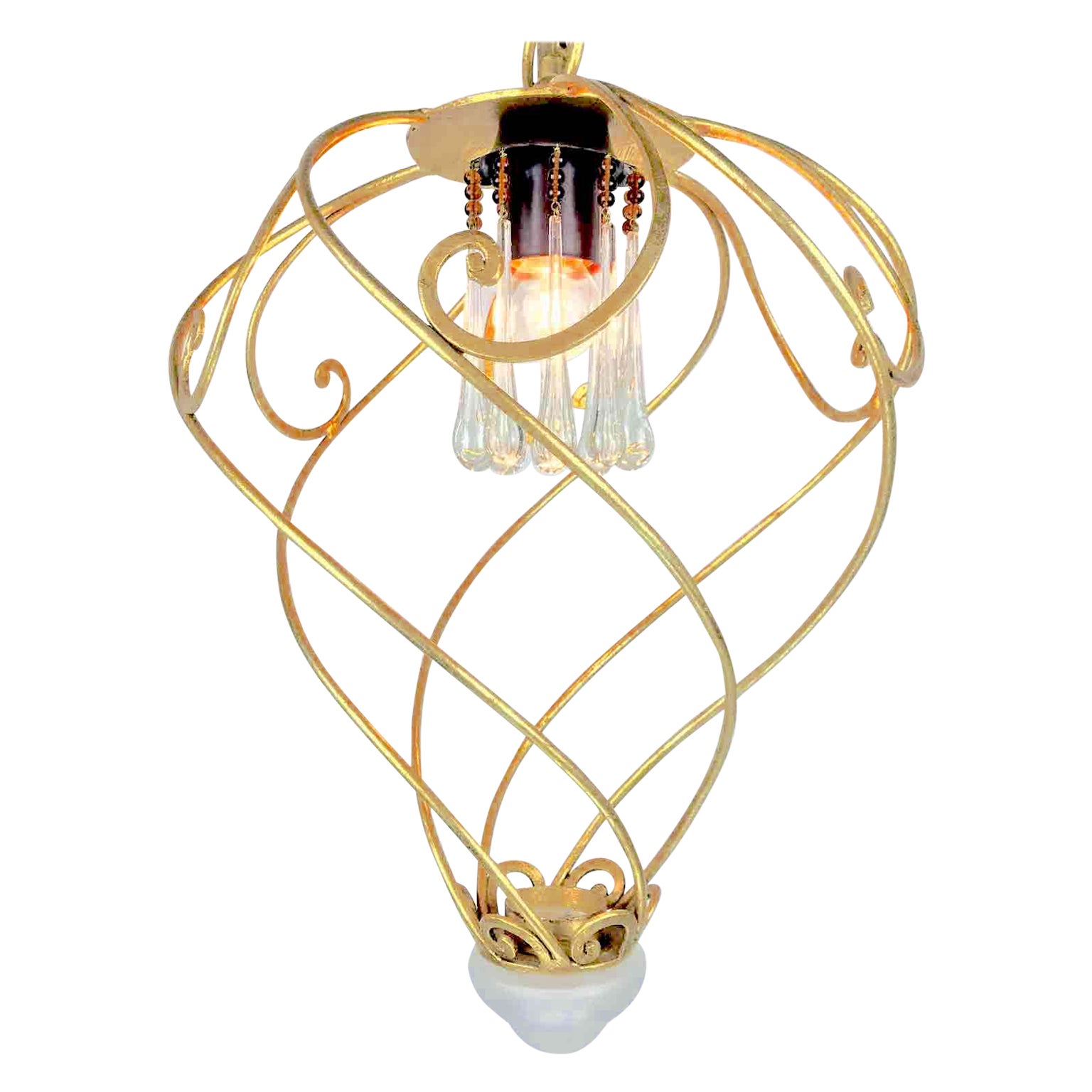 Italian Spiral Shaped Chandelier by Banci Firenze Leaf Gilded Cage 1980s