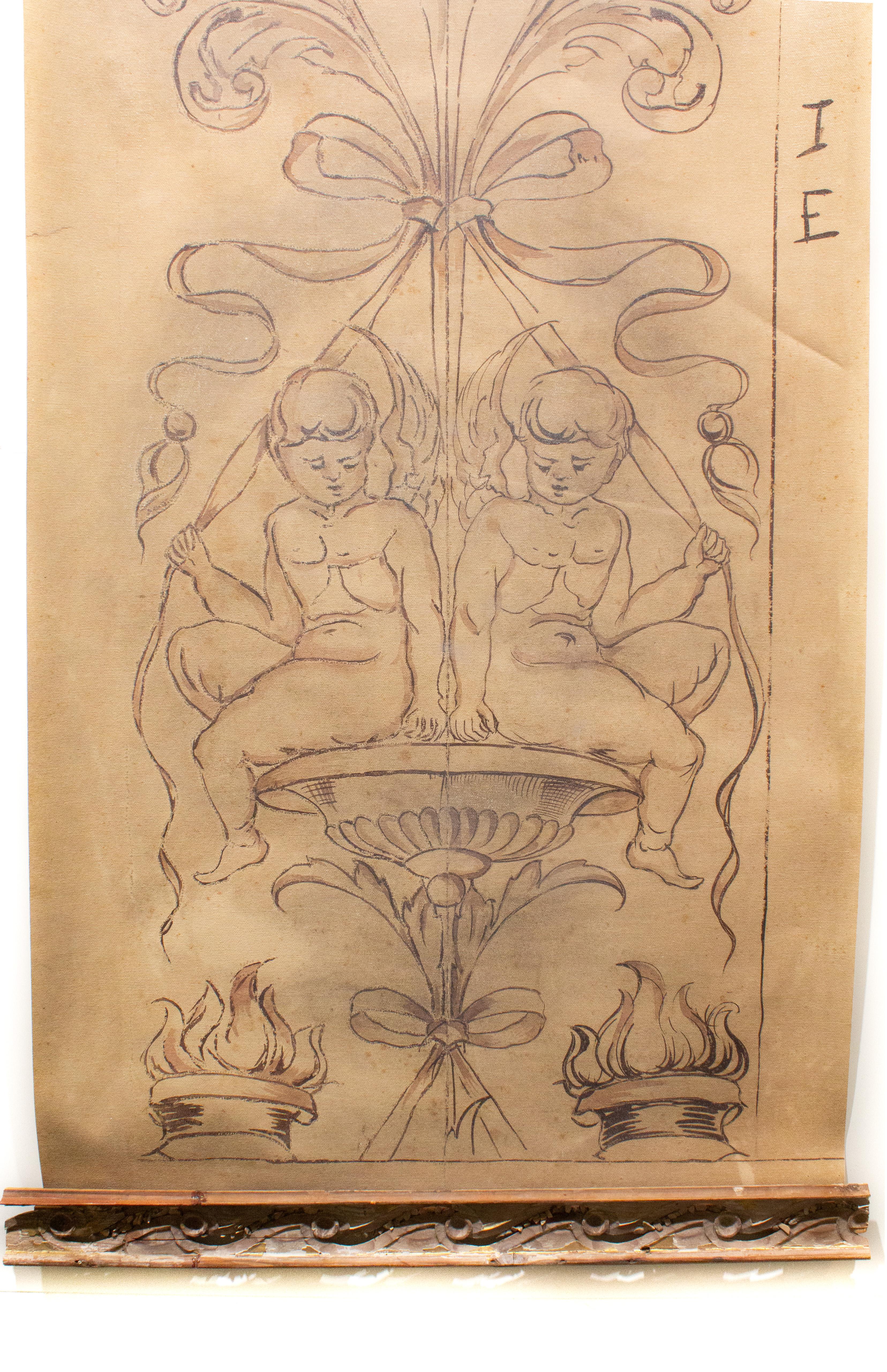 18th Century and Earlier Italian Spolvero 'Cherubs' Rococo Print on Canvas with an Antique Scroll Frame For Sale