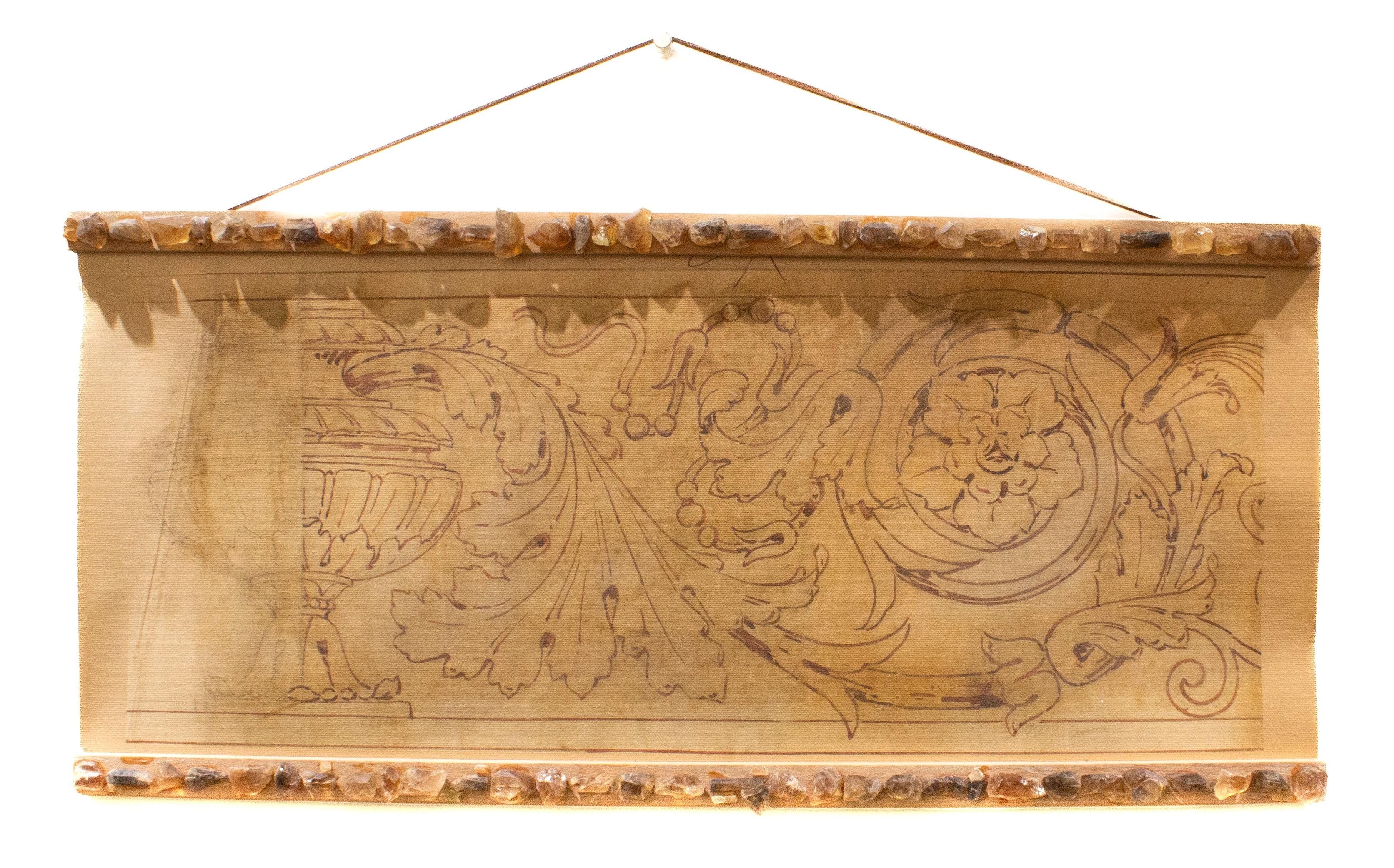 18th century Italian spolvero fresco pattern printed onto canvas and framed with a custom frame and citrine crystals.

Spolvero is an artistic method of transferring a design from a print to the prepared surface of a canvas, panel, or wall. Holes