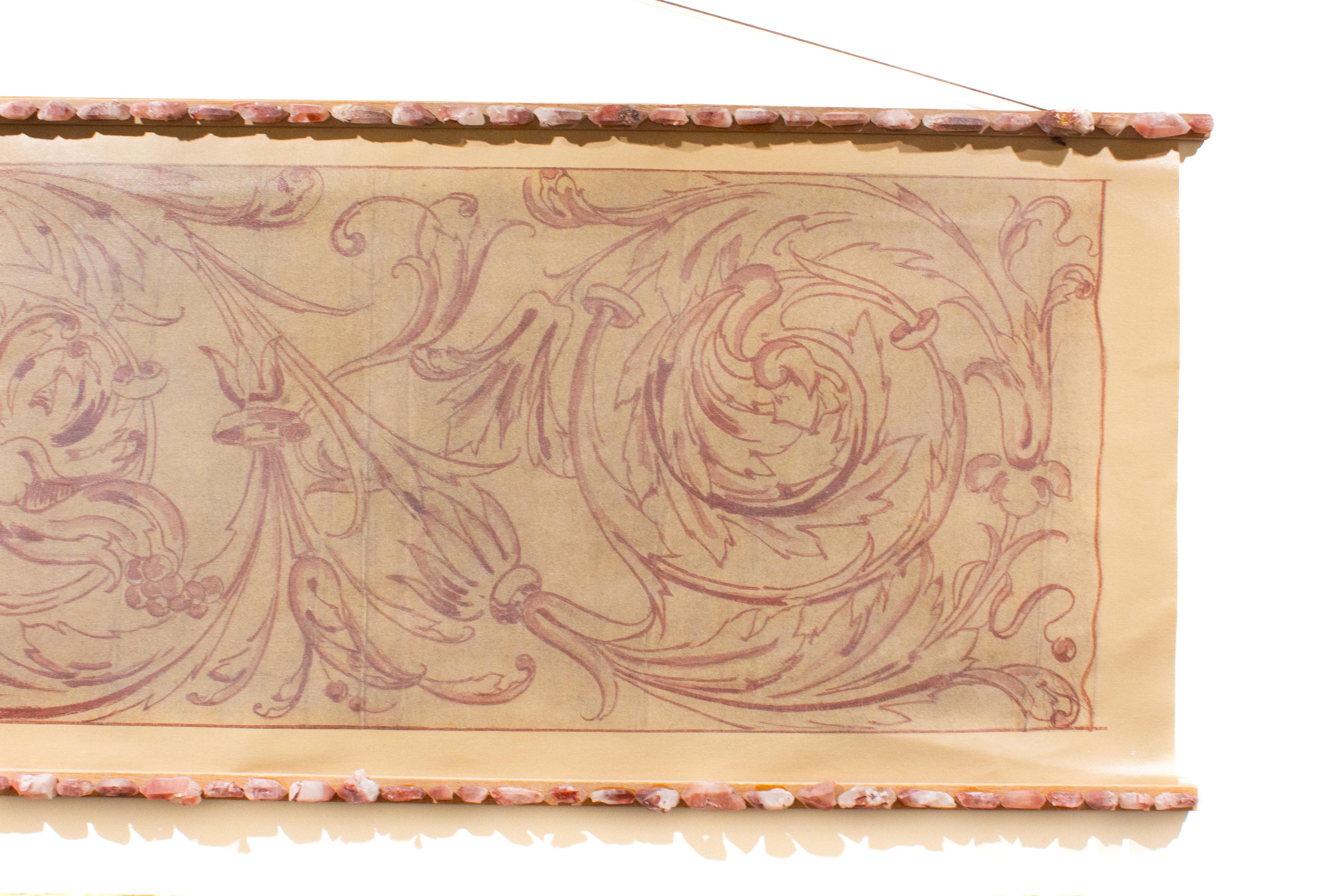 Paper Italian Spolvero Rococo Print on Canvas Framed with Red Phantom Quartz Crystals For Sale