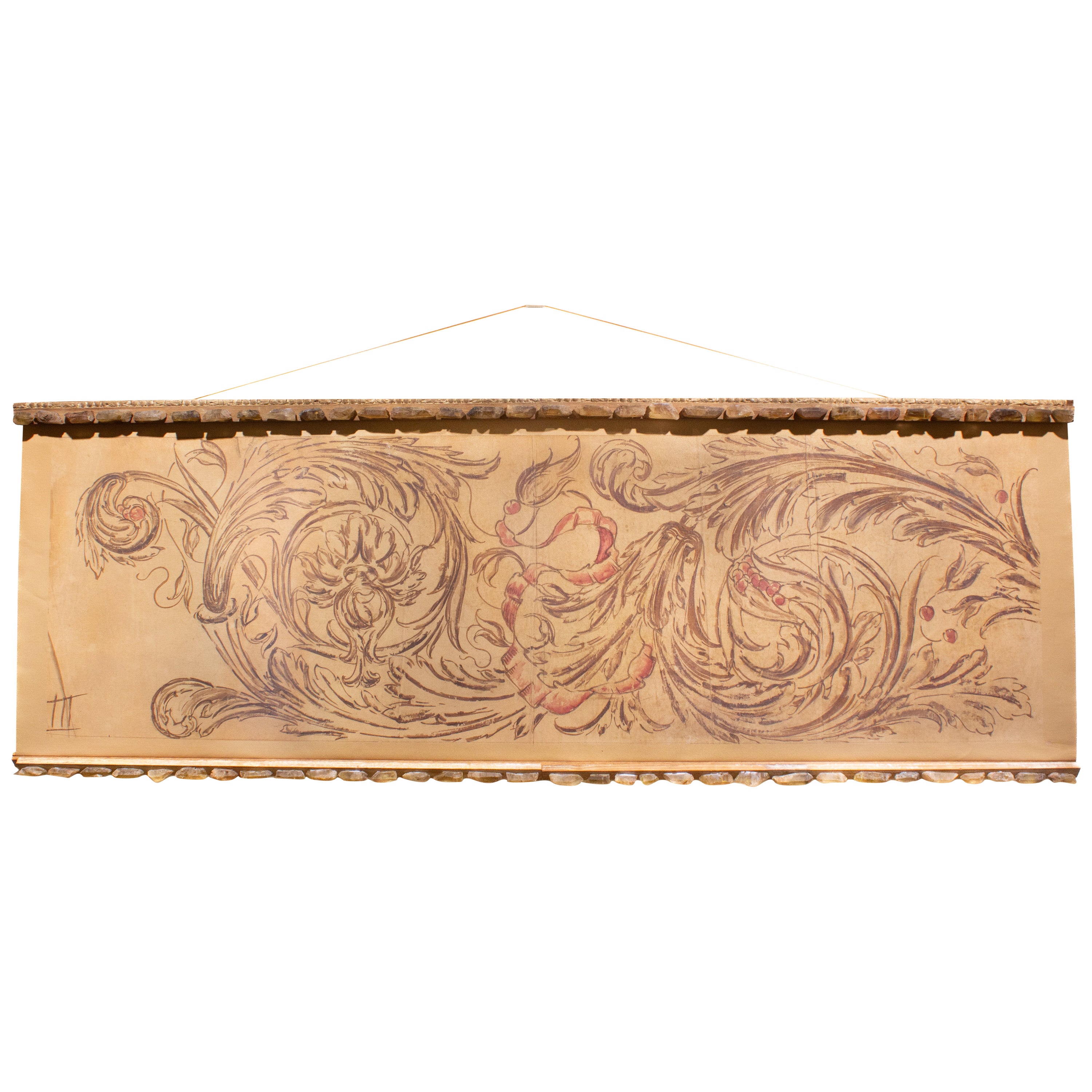 Italian Spolvero Rococo Print on Canvas with a Fragment Frame & Citrine Crystals