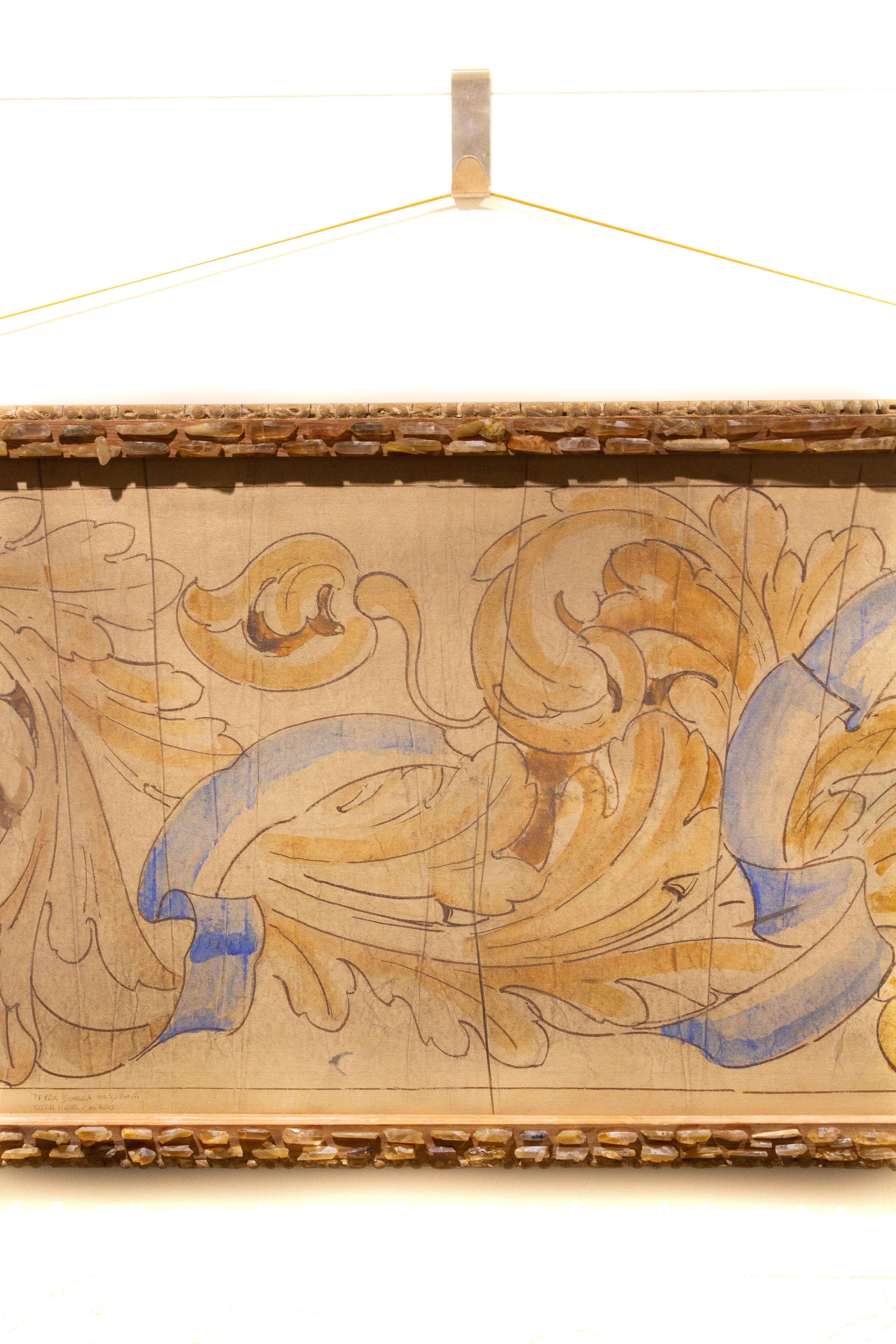 18th century Italian spolvero fresco pattern printed onto canvas and framed with an antique molding frame and citrine crystals.

Spolvero is an artistic method of transferring a design from a print to the prepared surface of a canvas, panel, or