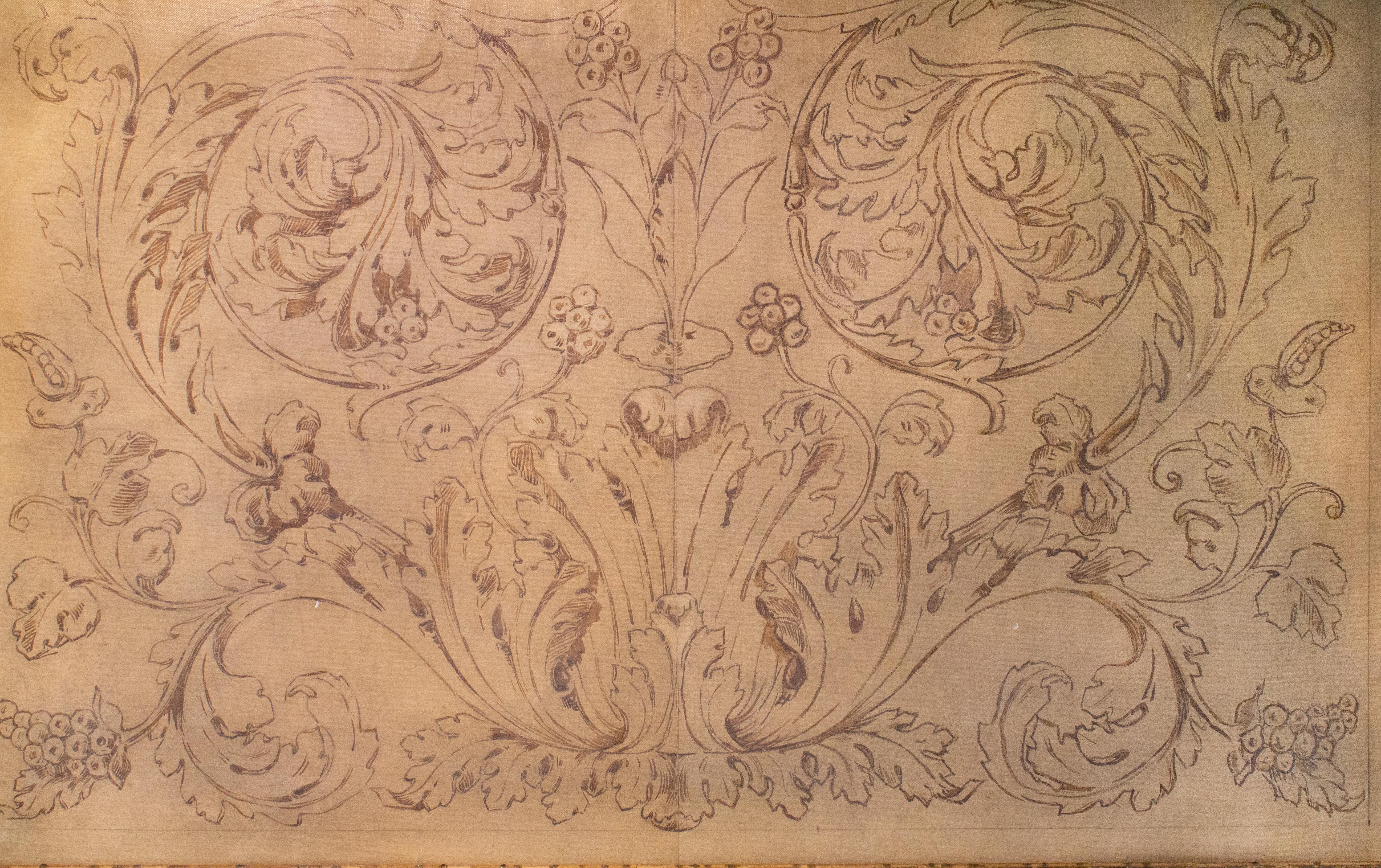 18th century Italian spolvero fresco pattern printed onto canvas and framed with an antique wood frame.

Spolvero is an artistic method of transferring a design from a print to the prepared surface of a canvas, panel, or wall. Holes are punched