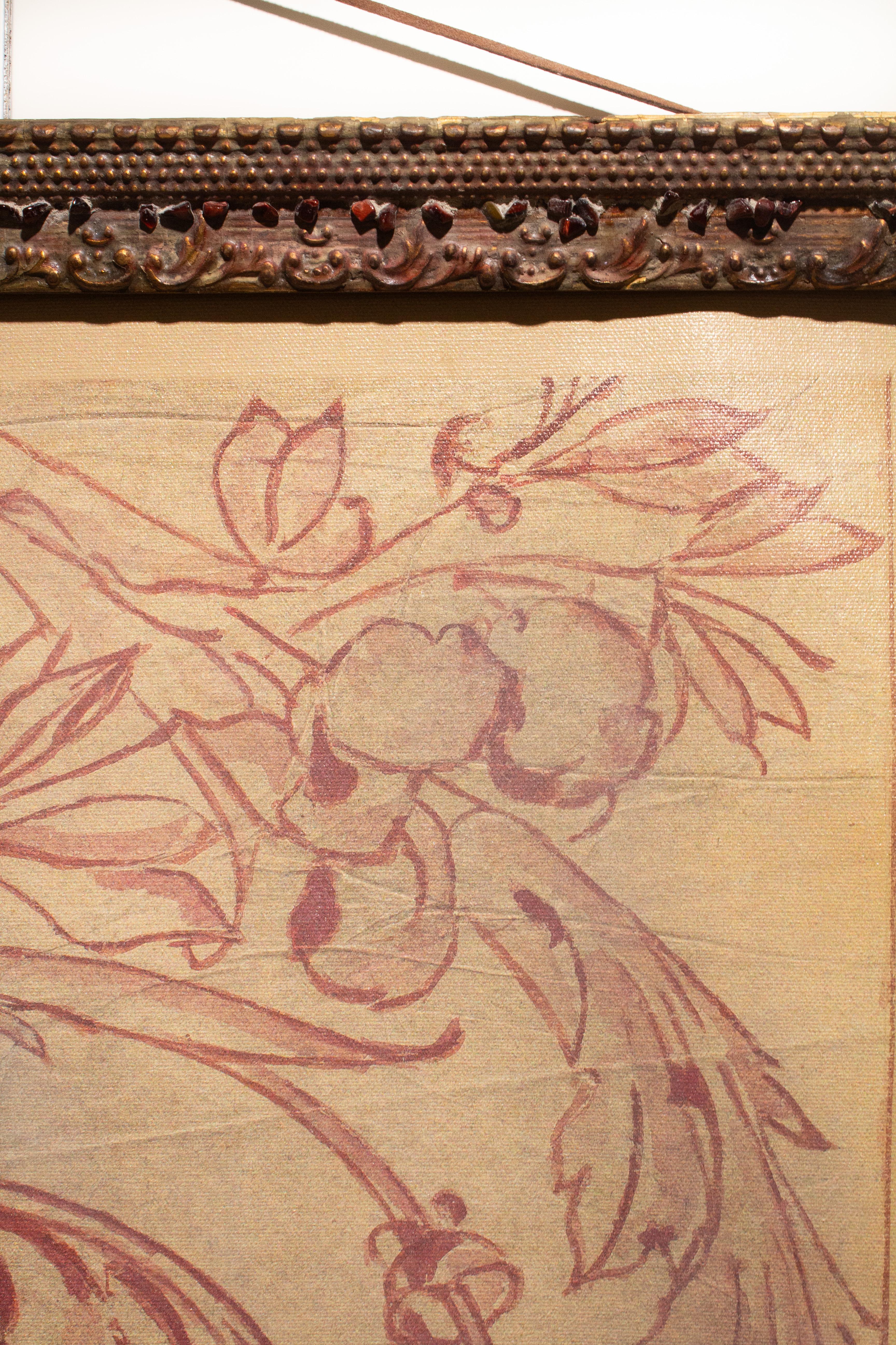Motif de fresque spolvero italienne du XVIIIe siècle imprimé sur toile et encadré dans un cadre rouge antique et orné de pierres de rubis rouges.

Le Spolvero est une méthode artistique qui consiste à transférer un dessin d'une impression sur la