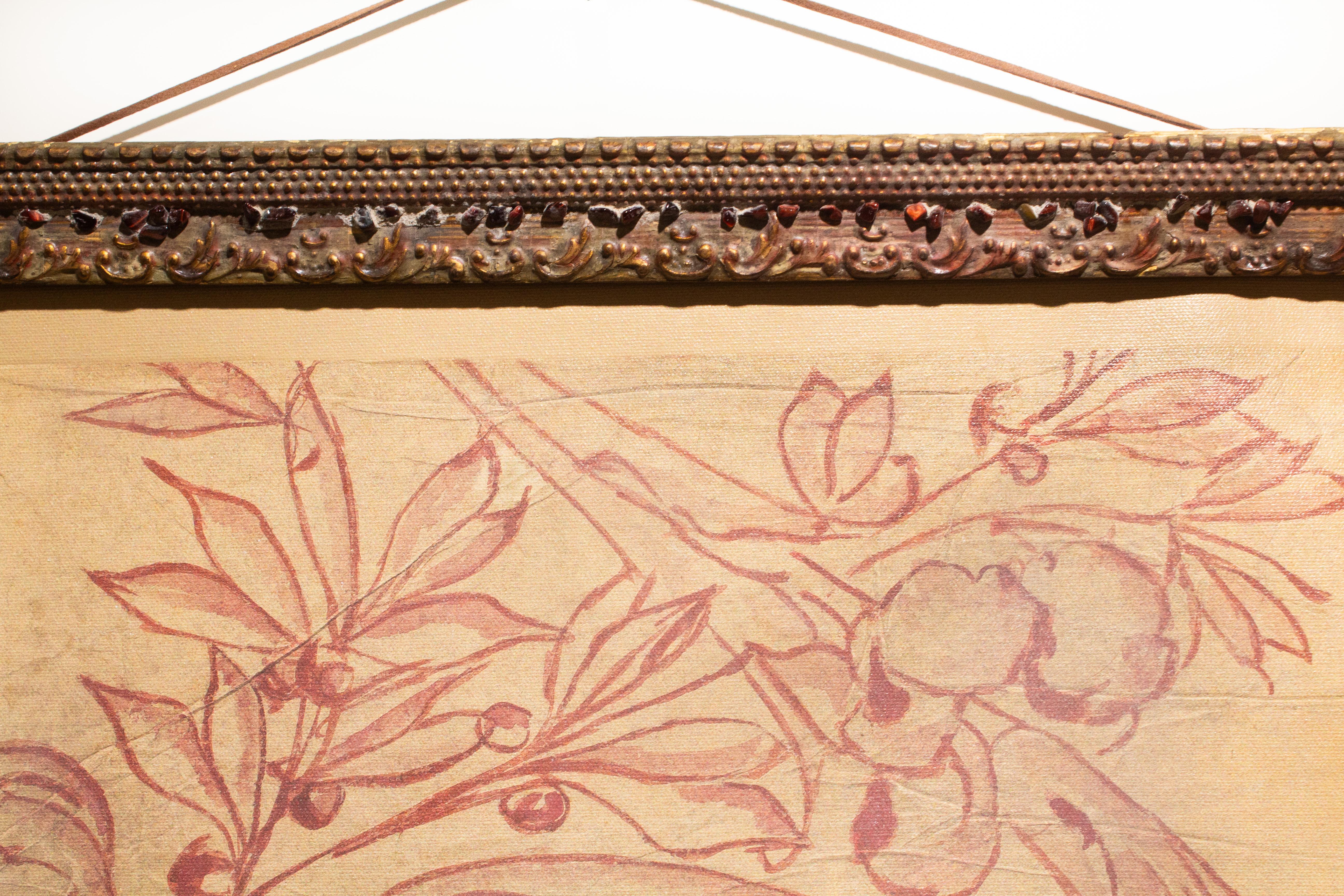 Bois Impression italienne Spolvero Rococo sur toile avec un cadre ancien avec rubis rouges en vente